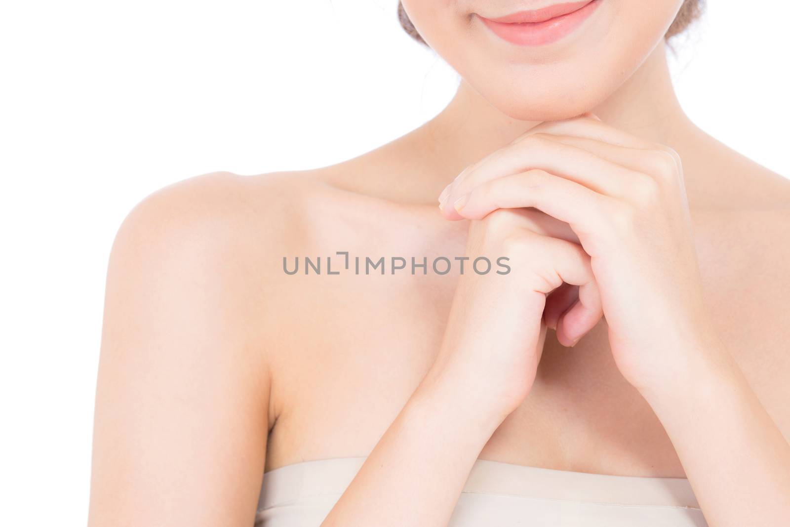 Beautiful girl with makeup, woman portrait and skin care cosmetic concept / attractive beauty asian girl on face isolated on white background.