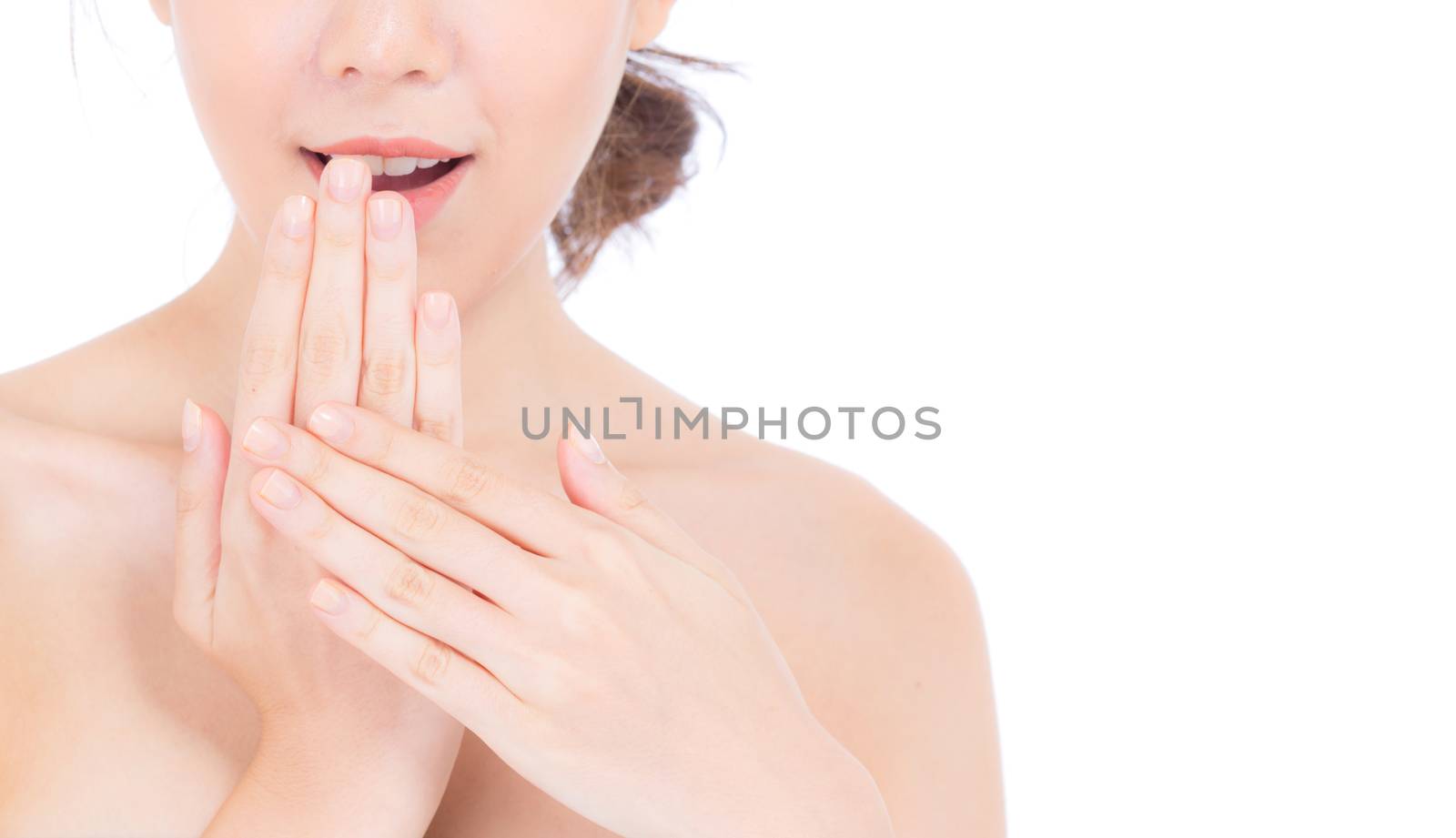 Asian woman surprise hold cheek with hand, Beautiful girl with presenting your product with excited and surprise isolated on white background, Expressive facial.