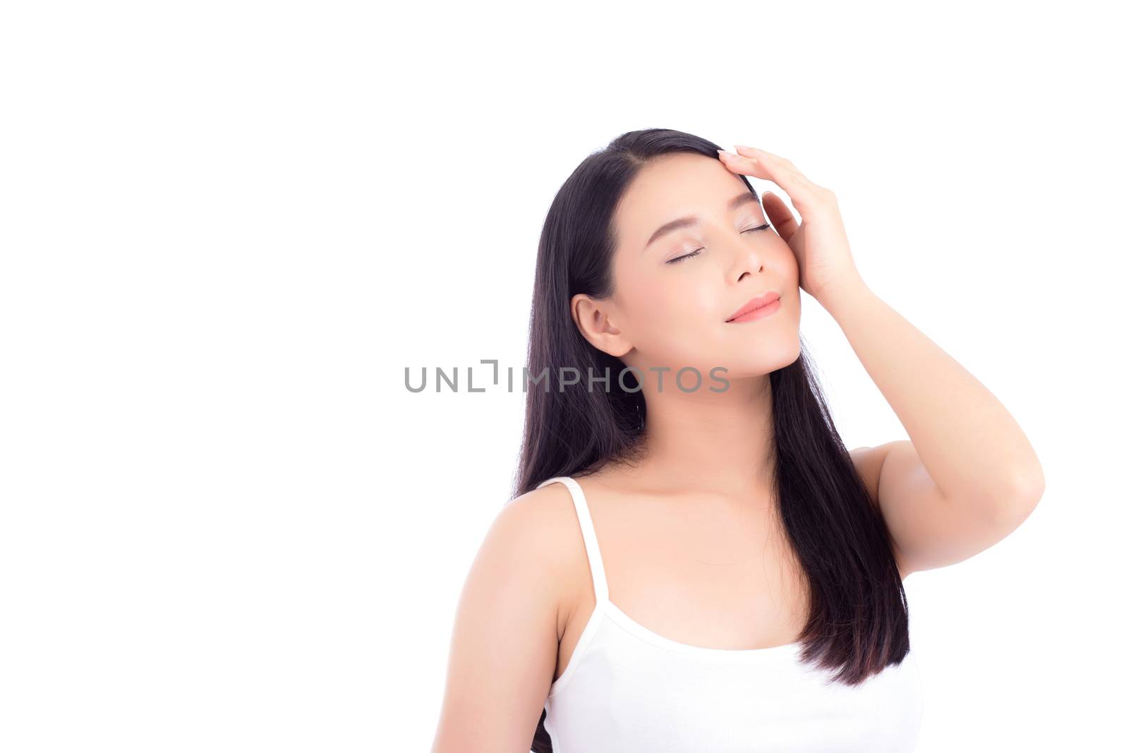 Beautiful girl with makeup, woman portrait and skin care cosmetic concept / attractive beauty asian girl on face isolated on white background.