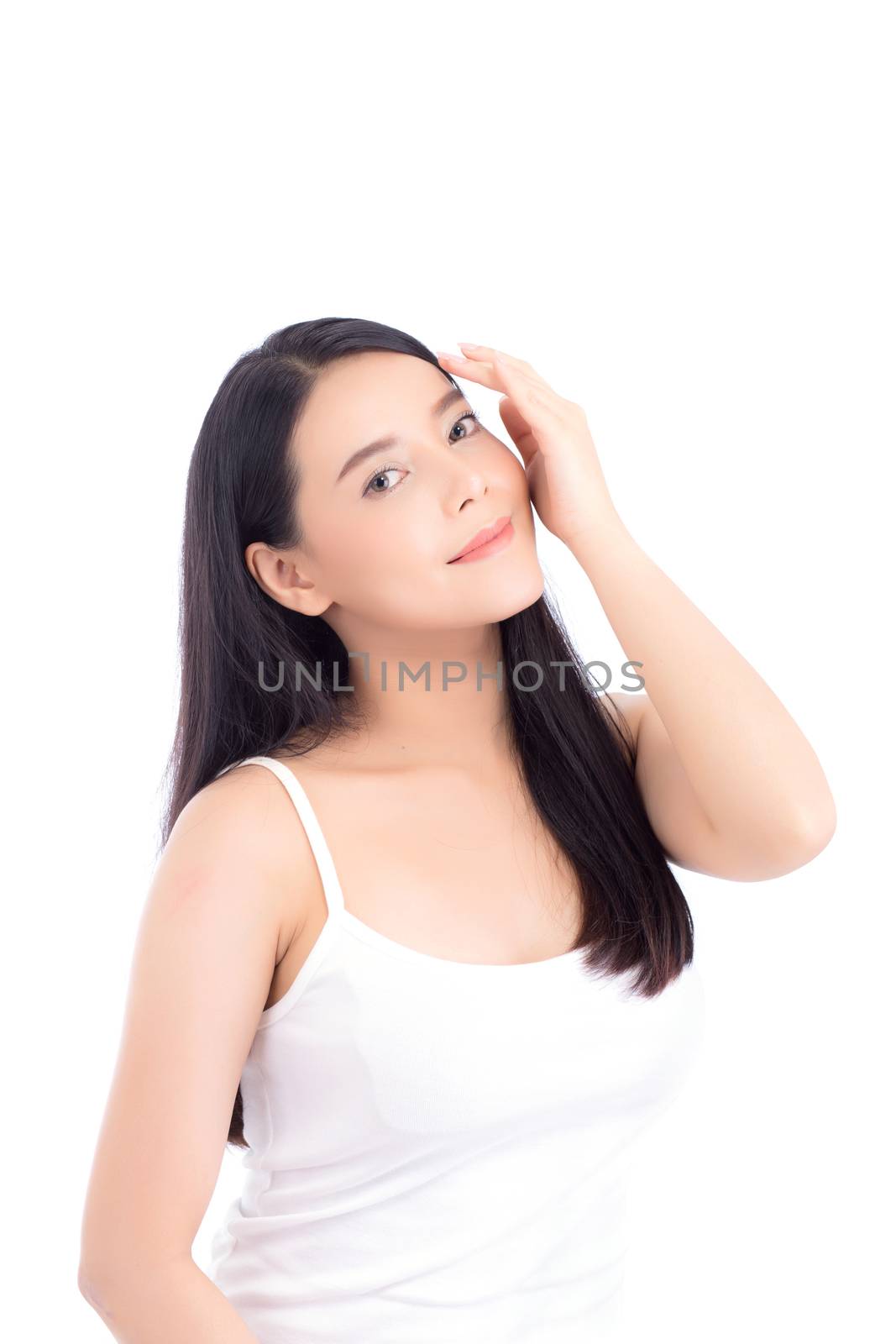 Beautiful girl with makeup, woman portrait and skin care cosmetic concept / attractive beauty asian girl on face isolated on white background.