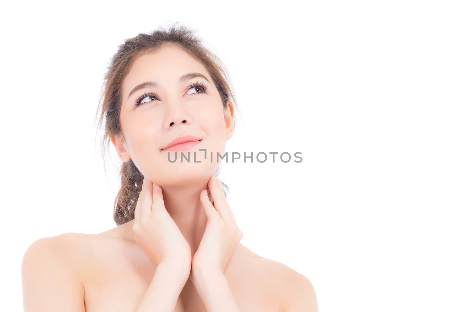 Beautiful girl with makeup, woman portrait and skin care cosmetic concept / attractive beauty asian girl on face with hand touching neck isolated on white background.