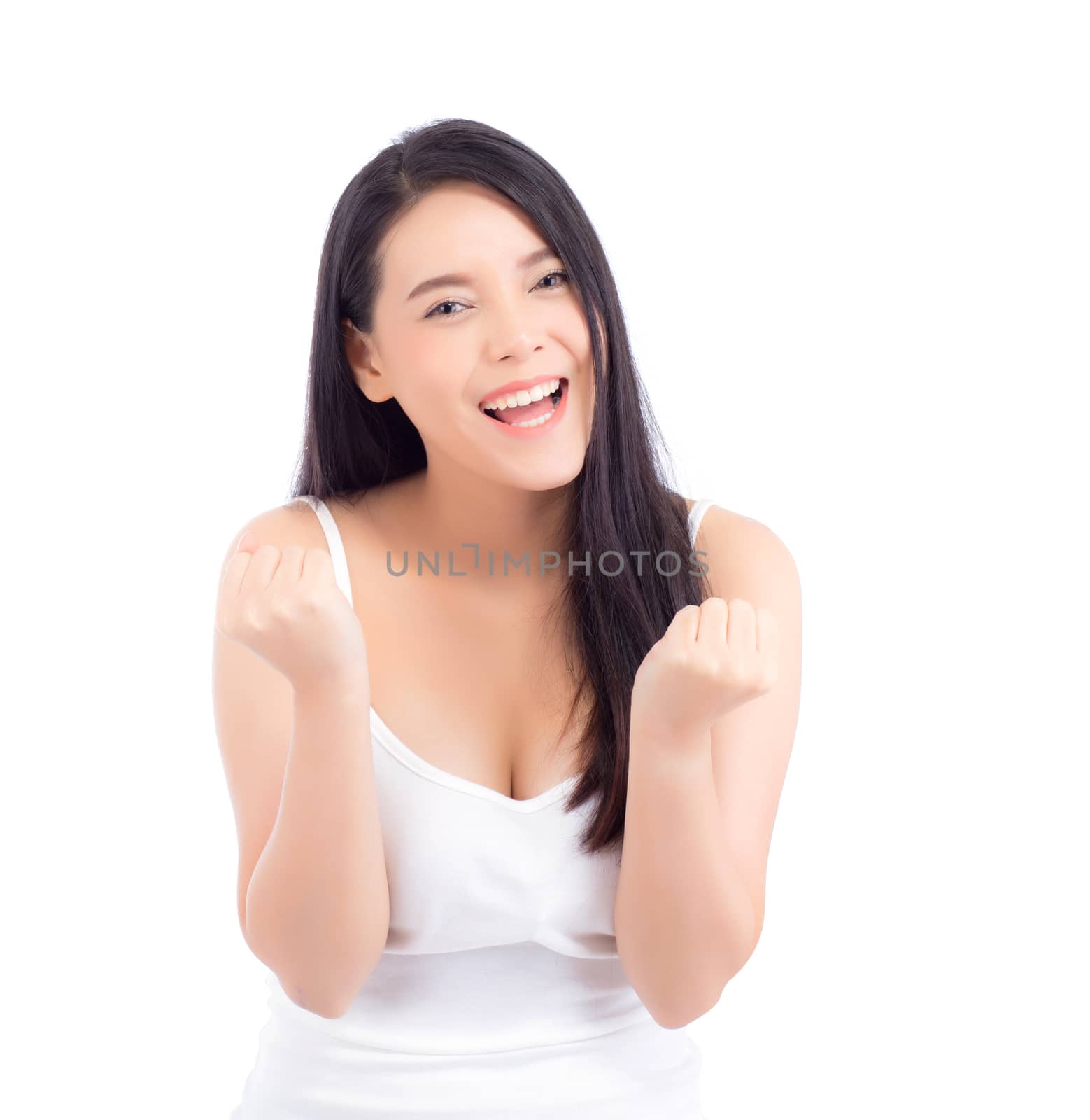 Portrait of beautiful asian woman makeup of cosmetic - girl hand gesture glad on attractive face with skin healthcare concept isolated on white background.