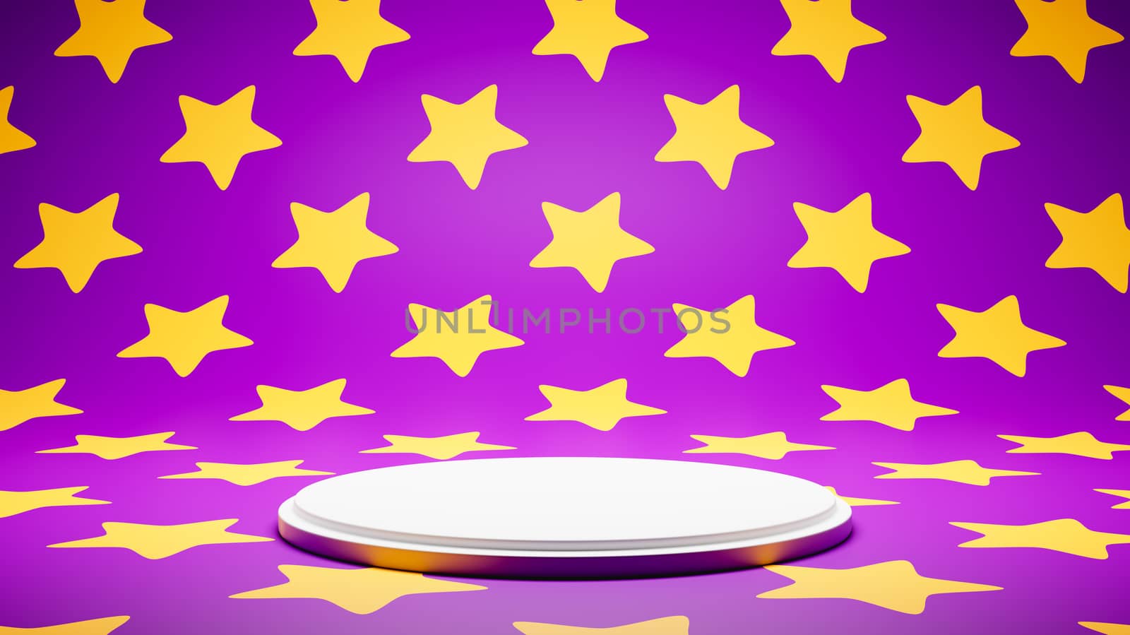 Empty White Platform on Purple and Yellow Stars Pattern Studio Background 3D Render Illustration
