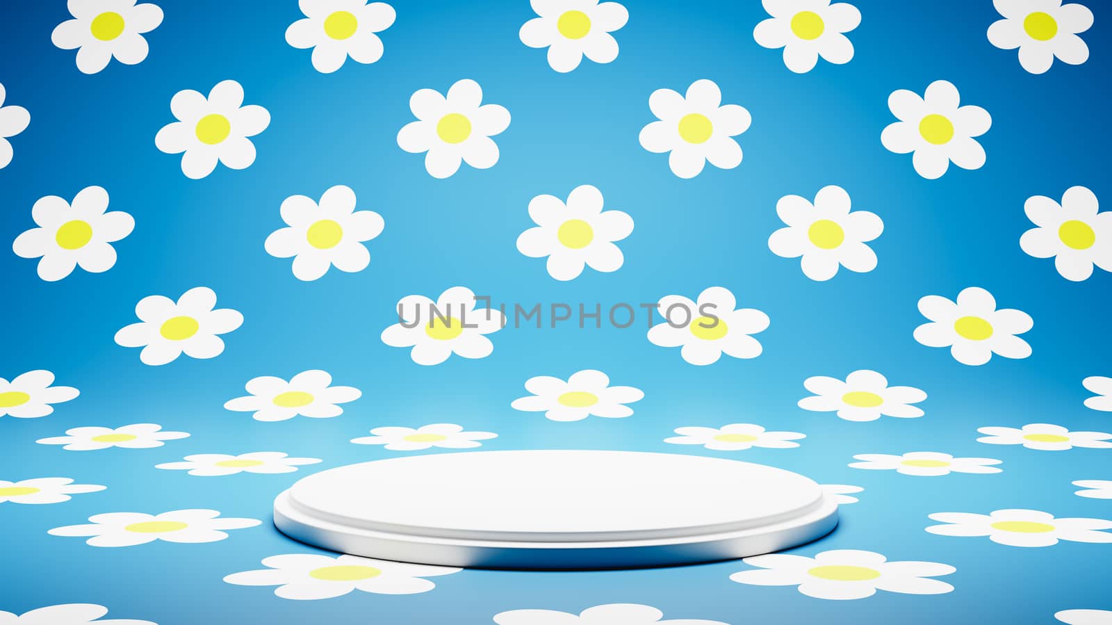 Empty White Platform on Blue and White Daisy Pattern Studio Background 3D Render Illustration