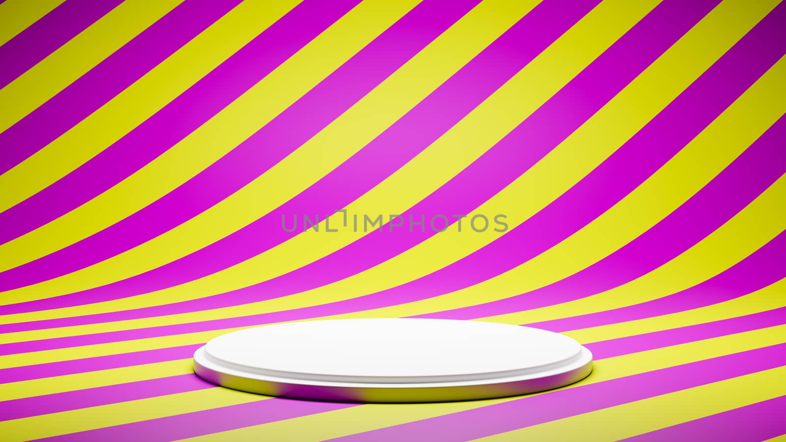 Empty White Platform on Purple and Yellow Striped Pattern Studio Background 3D Render Illustration