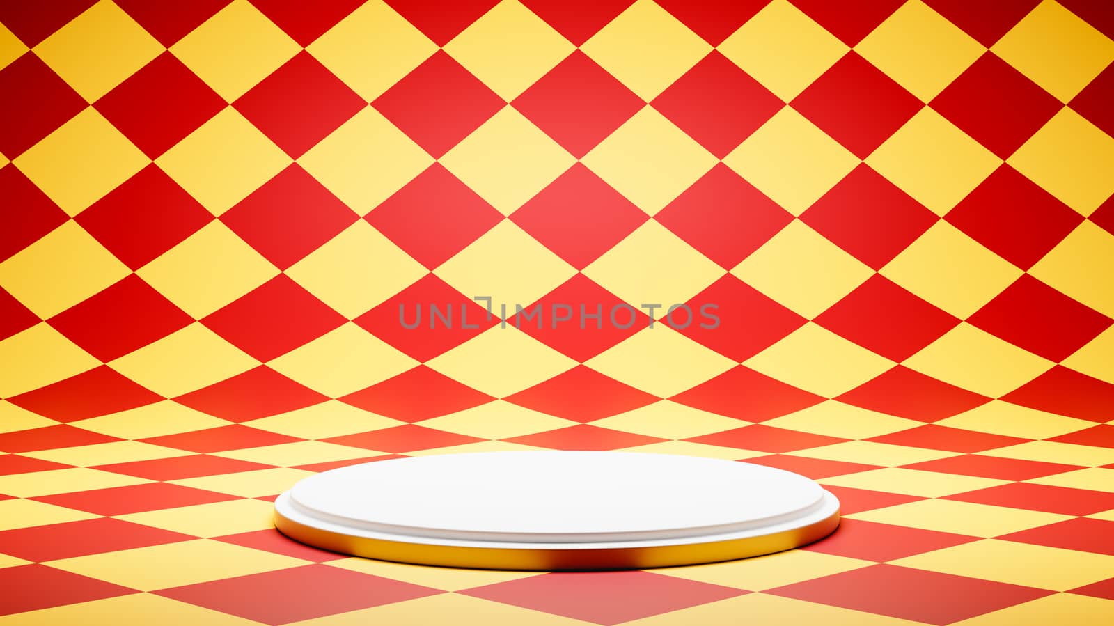 Empty White Platform on Red and Yellow Checkered Pattern Studio Background 3D Render Illustration