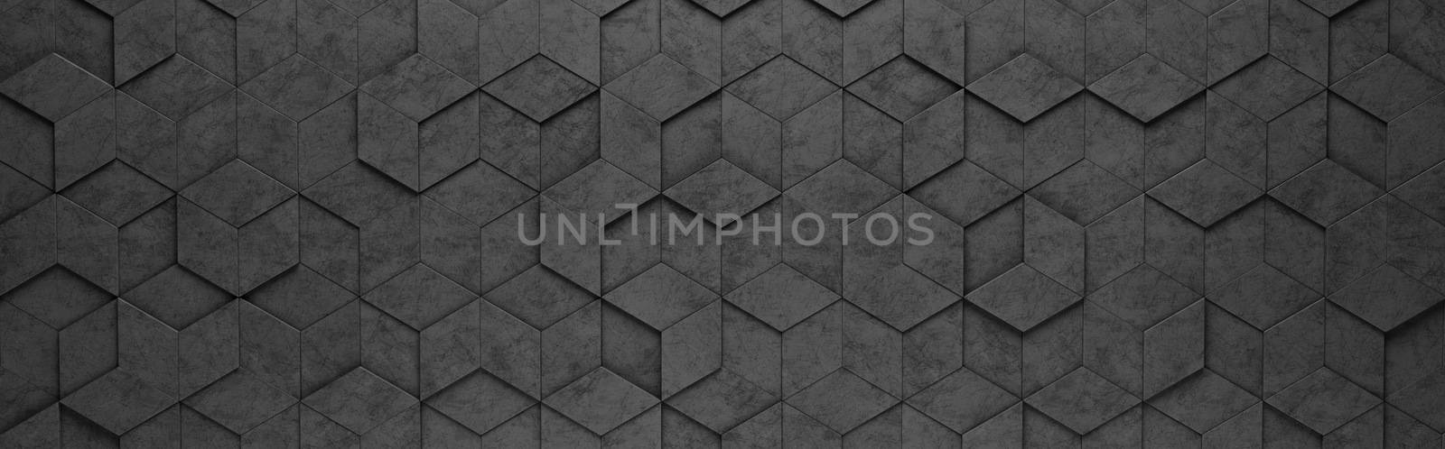 Wall of Black Rhombus and Hexagons Tiles Arranged in Random Height 3D Pattern Background Illustration