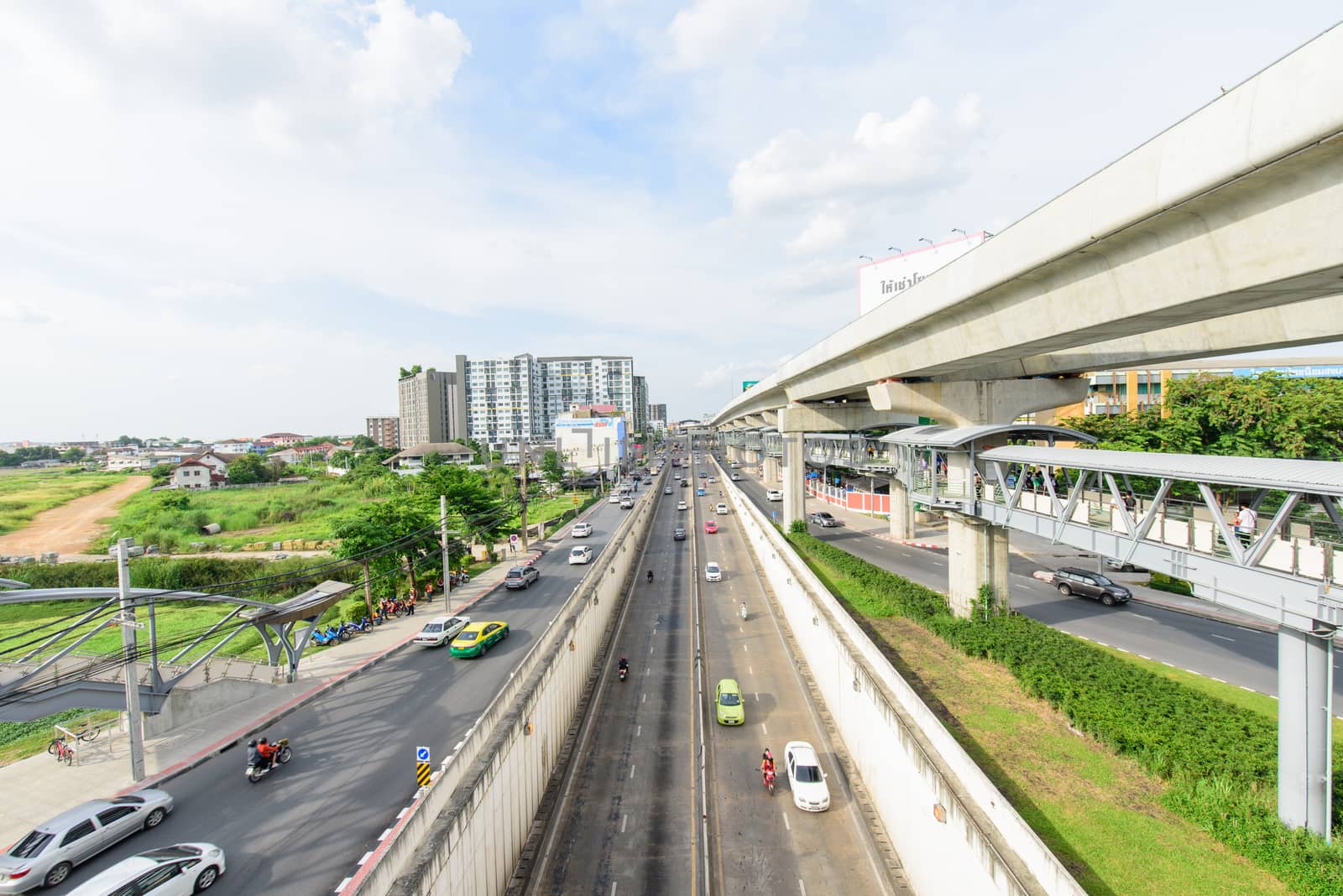 Bangkok, Thailand - 18  August, 2020 : high view of a lot traffic at the express way in Bangkok city