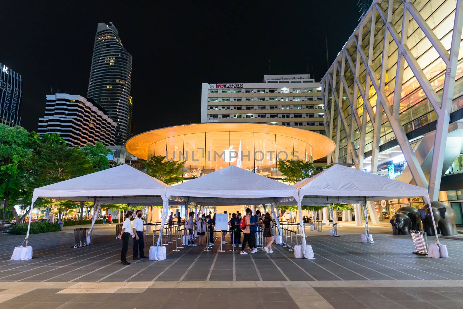 covid-19 Screening point front side of apple store shop at central world shopping center Thailand by rukawajung