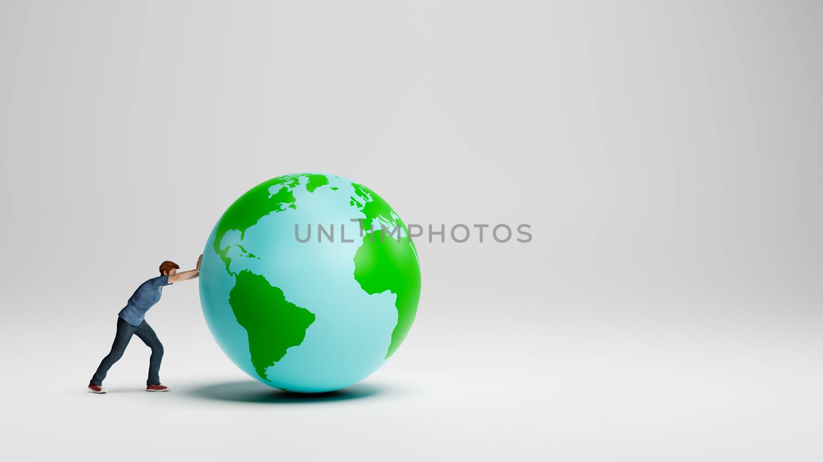 Young Man Pushing the Earth Planet on White Studio Background with Copy Space 3D Illustration