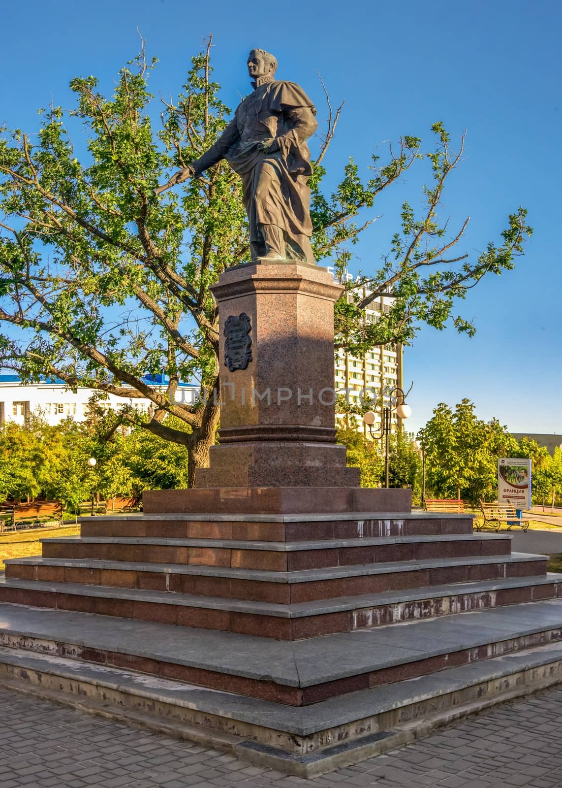 Berdyansk, Ukraine 07.23.2020. Monument to Count Vorontsov in Berdyansk city, Ukraine, on a summer morning