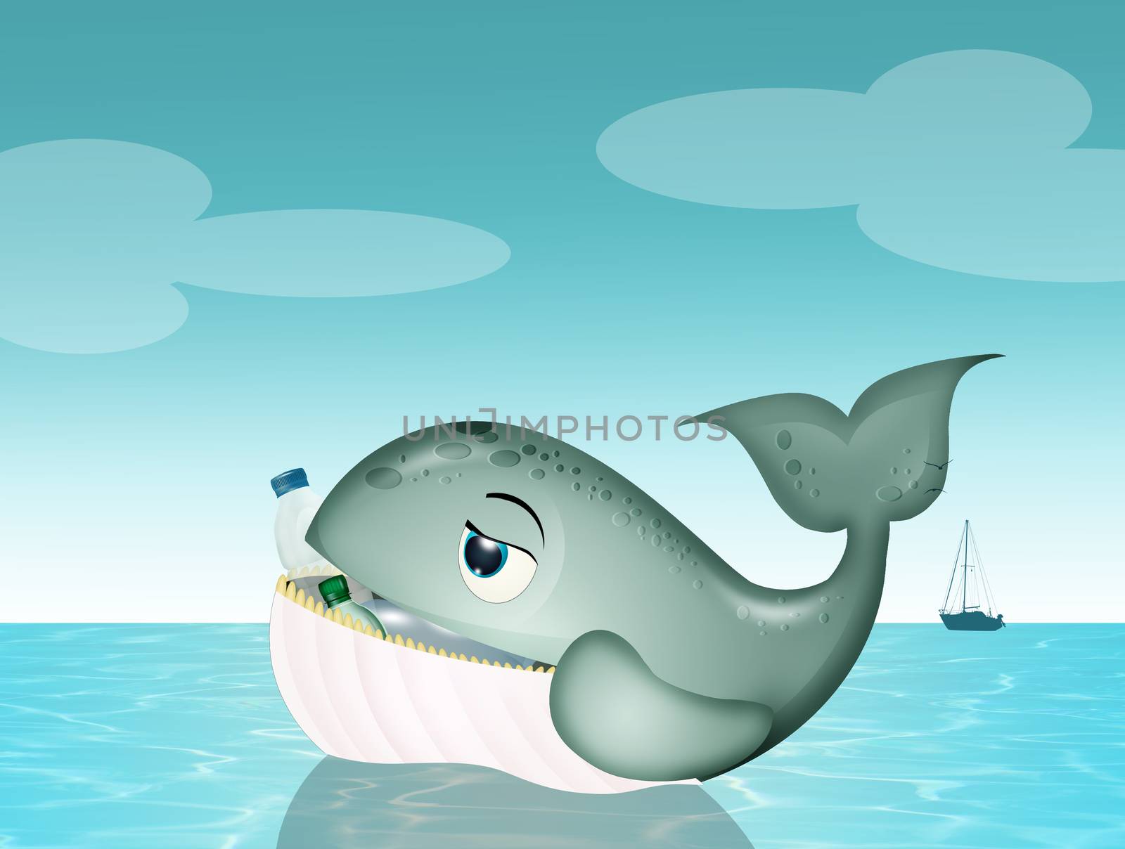 illustration of whale with plastic waste in the mouth