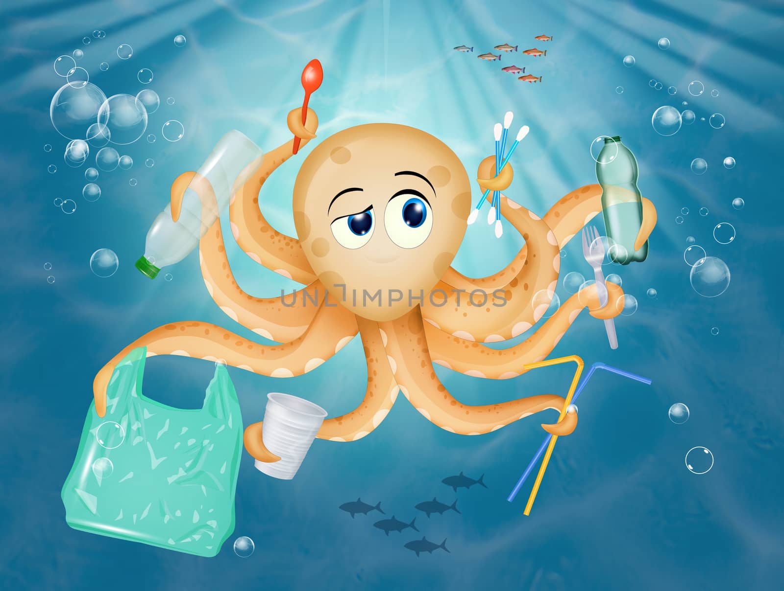illustration of octopus with plastic objects in the sea