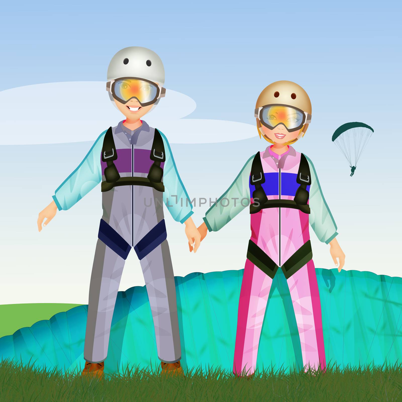 illustration of parachutist couple by adrenalina