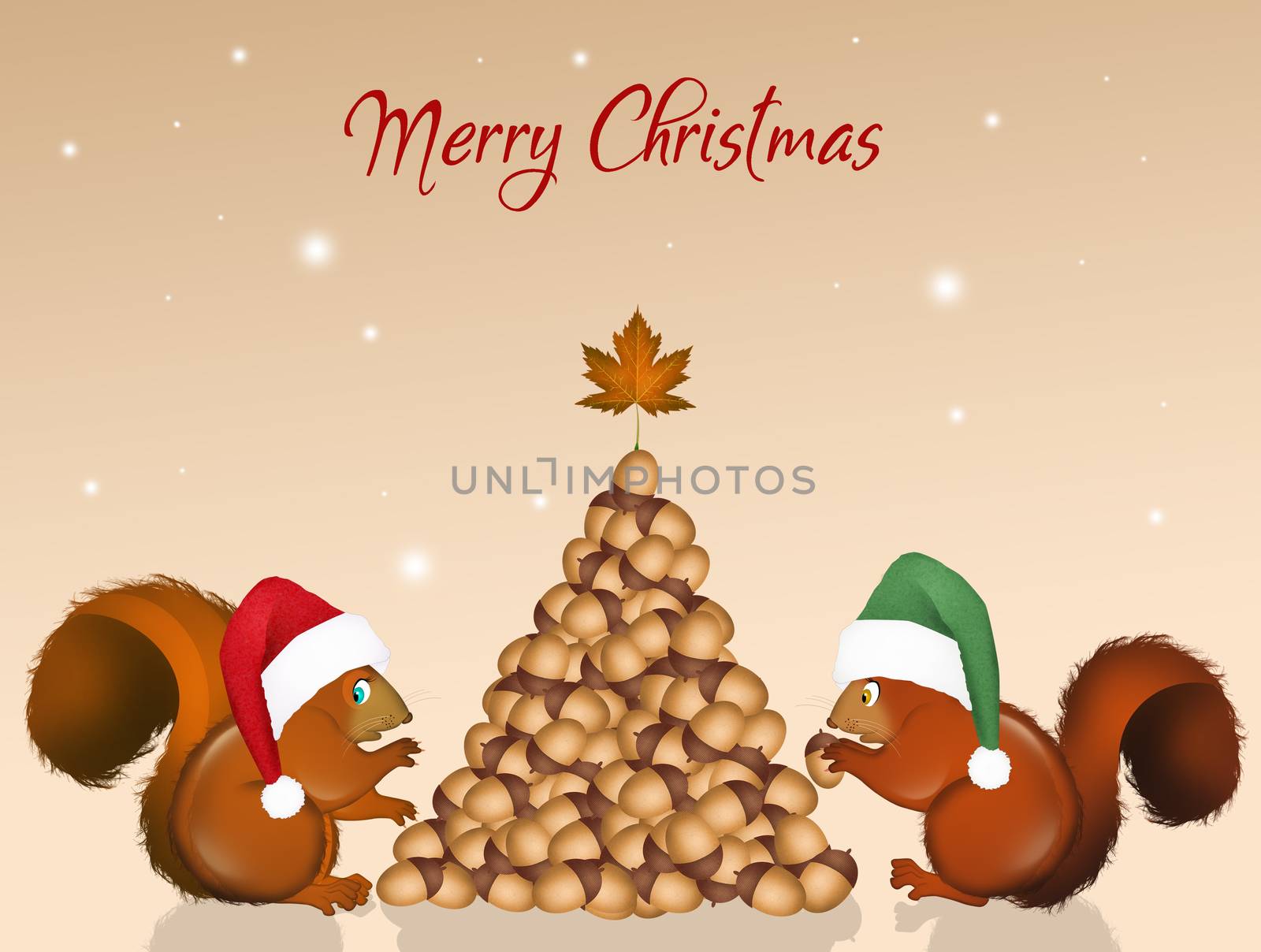 postcard for Christmas with Christmas squirrels make tree with acorns by adrenalina