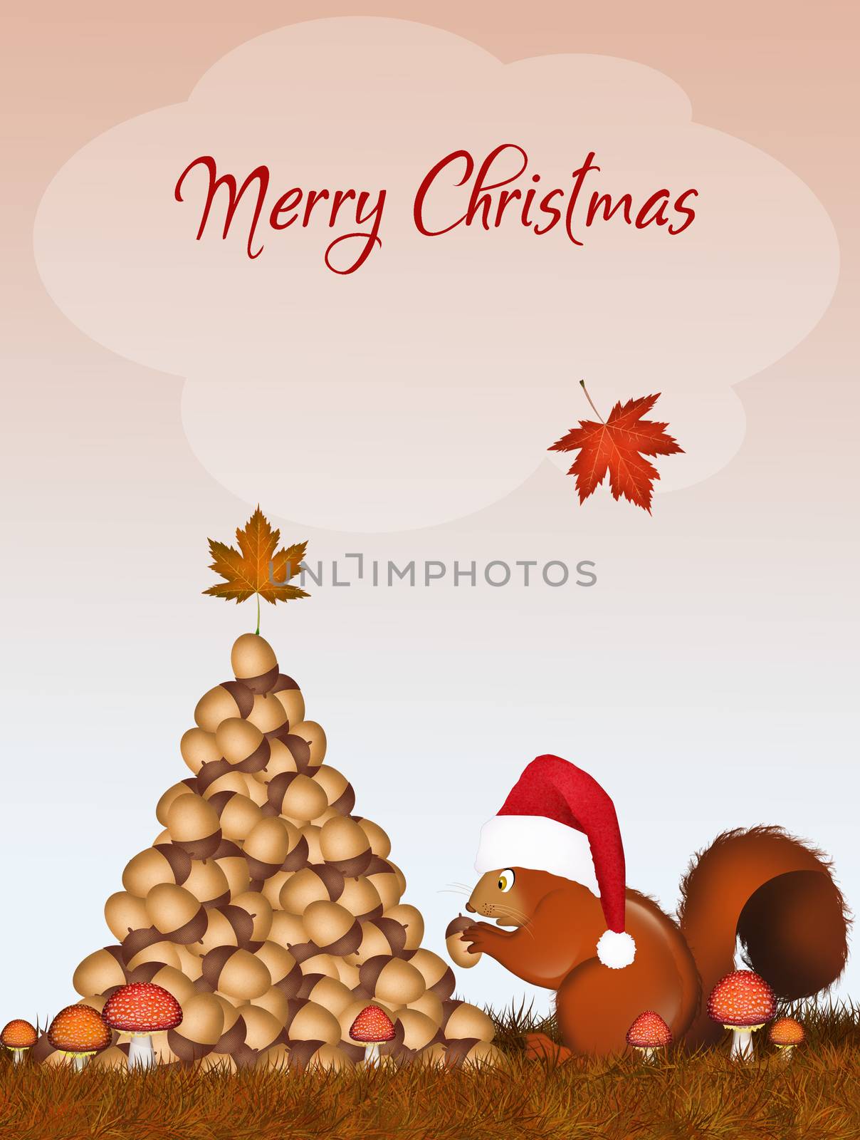 postcard for Christmas with Christmas squirrels make tree with acorns by adrenalina