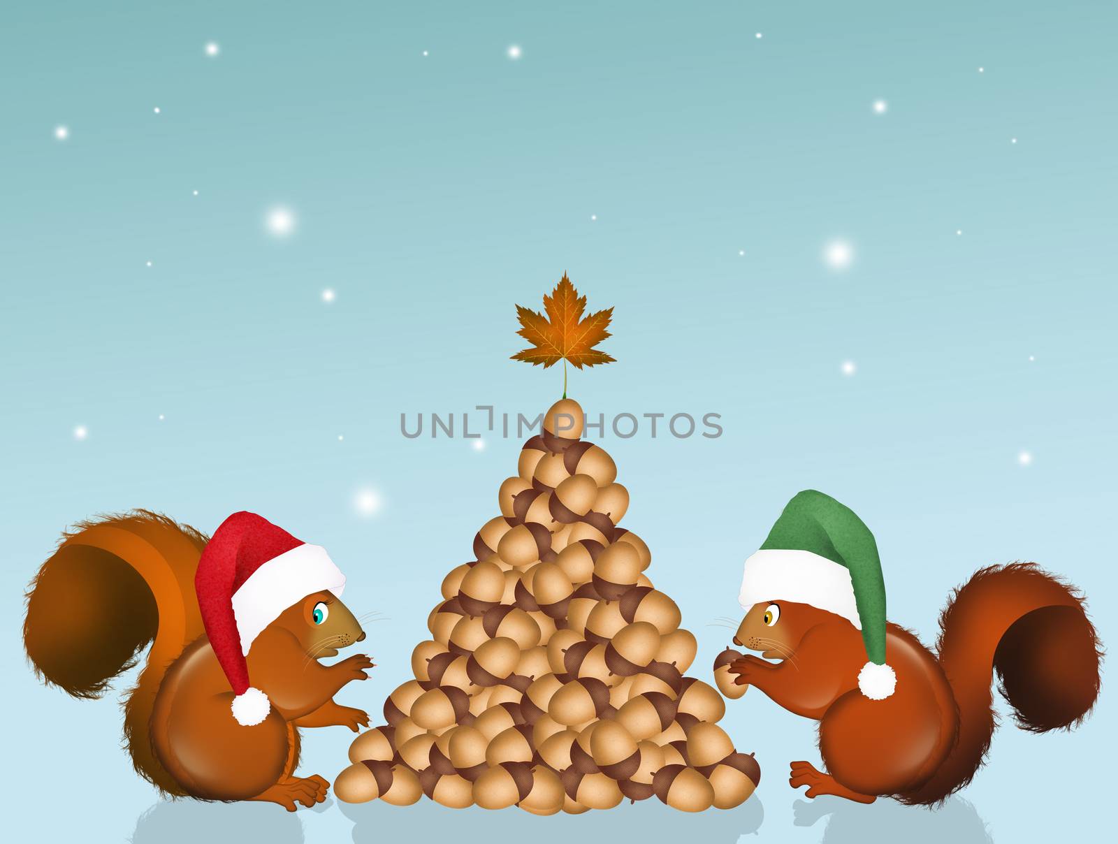 illustration of Christmas squirrels make tree with acorns