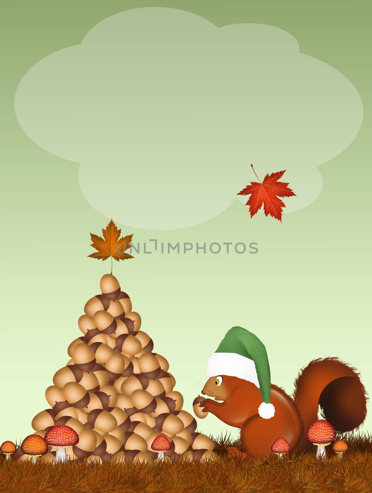 illustration of Christmas squirrel make tree with acorns