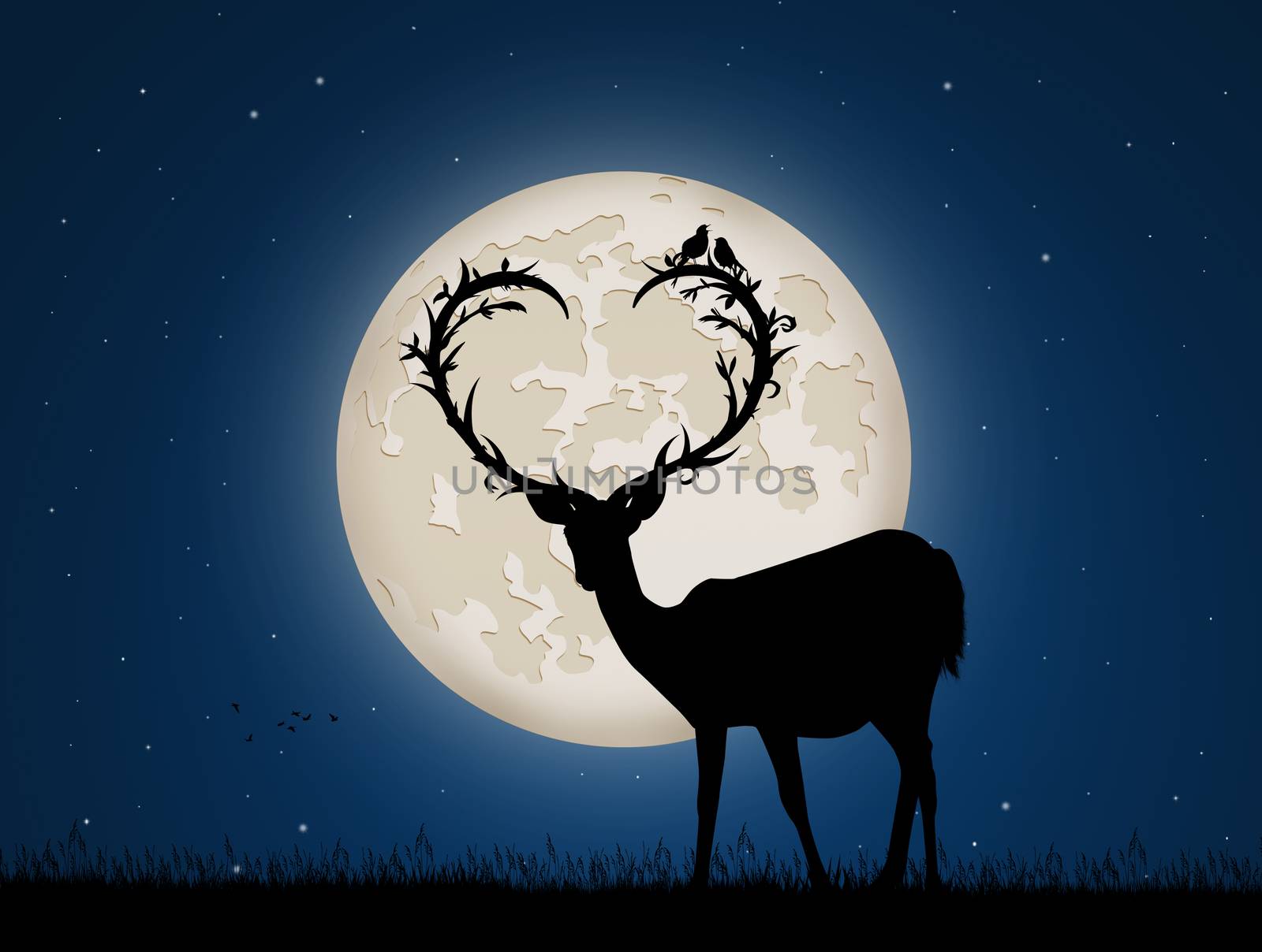 illustration of deer with horns a heart shape in the moonlight