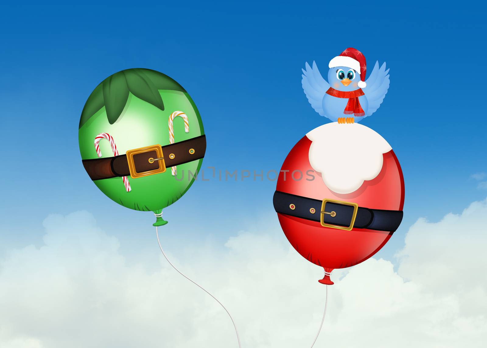 illustration of Santa Claus and elf balloon in the sky