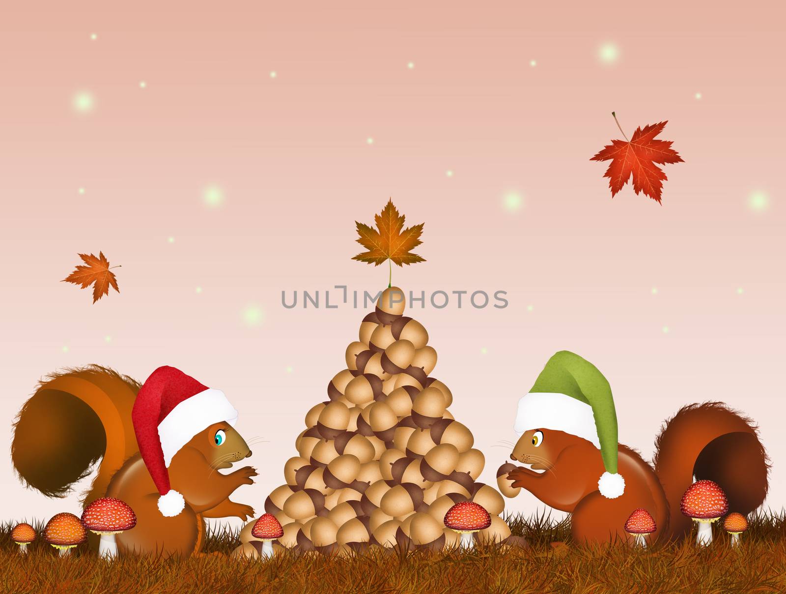 illustration of postcard for Christmas with Christmas squirrels make tree with acorns