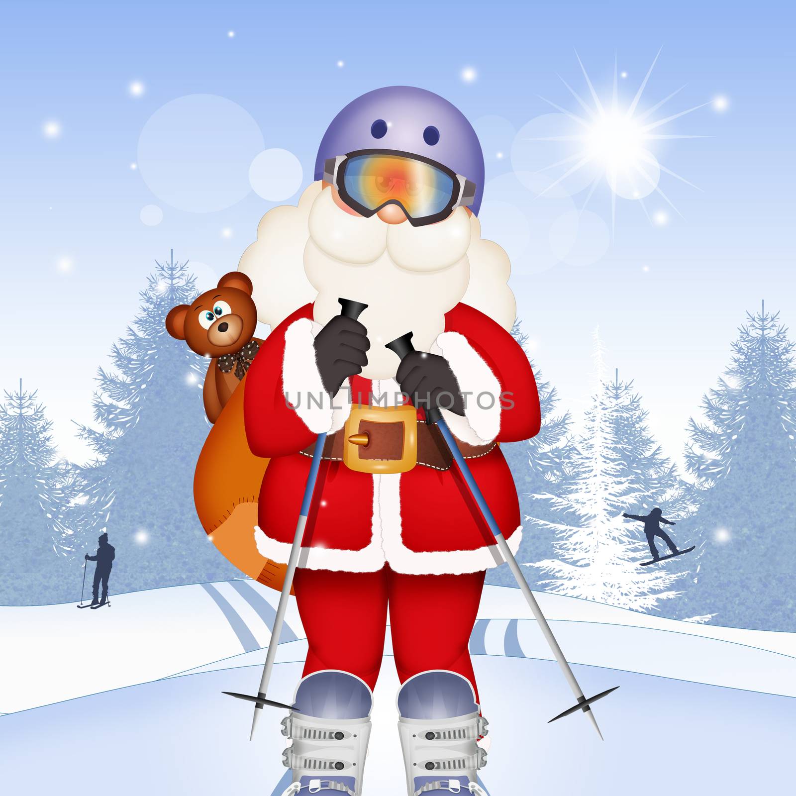 illustration of Santa Claus skiing