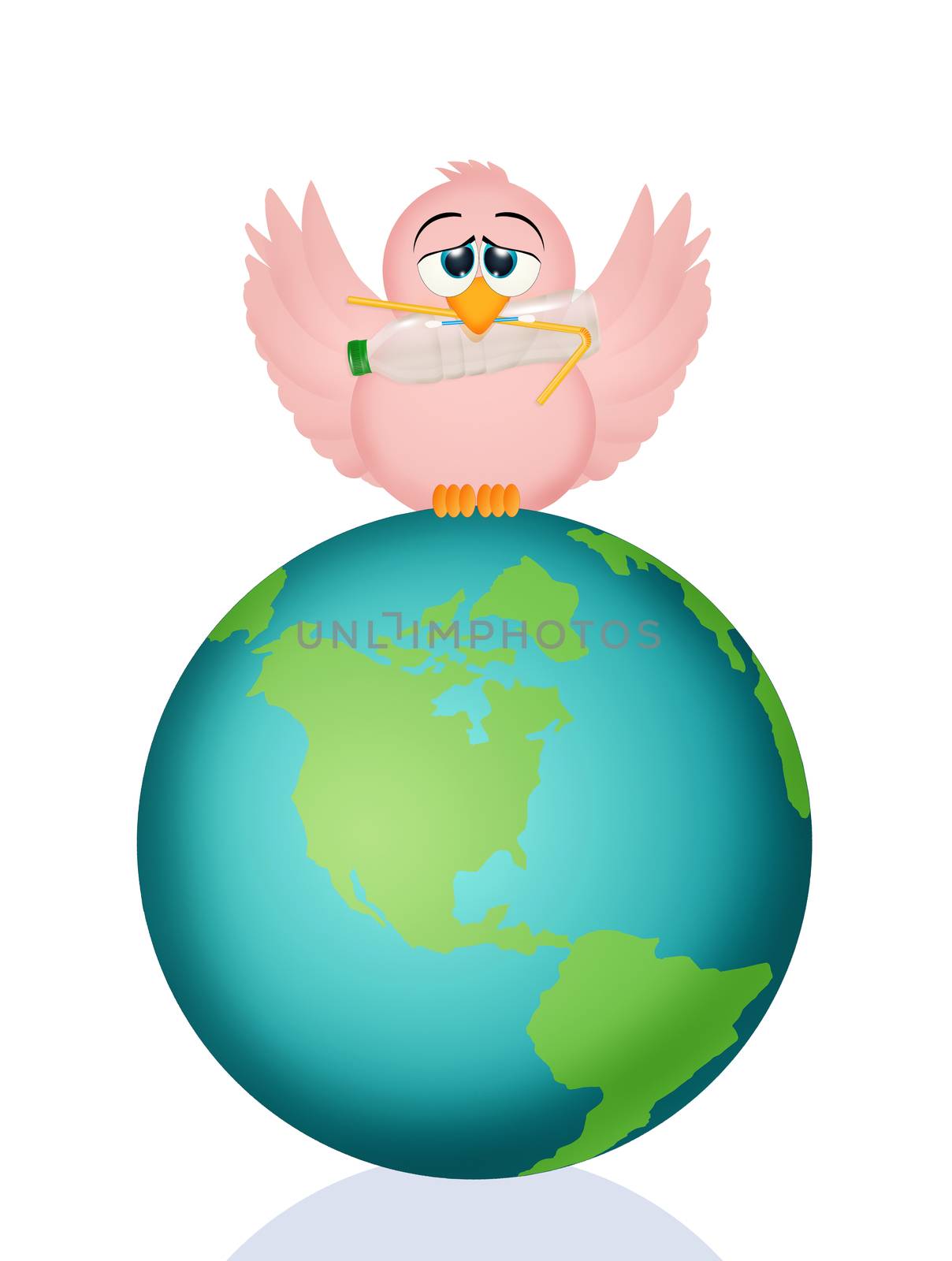 illustration of little bird with plastic waste on the world