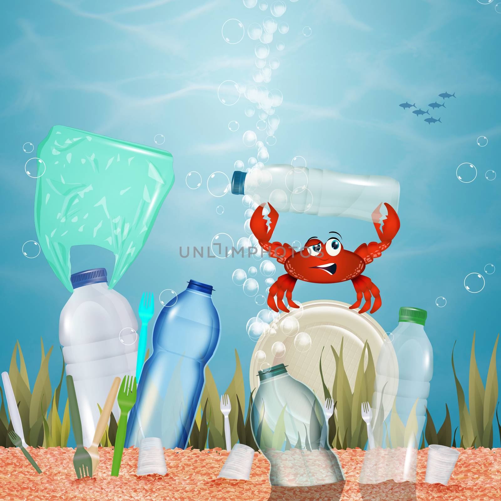 illustration of crab collects plastic in the sea