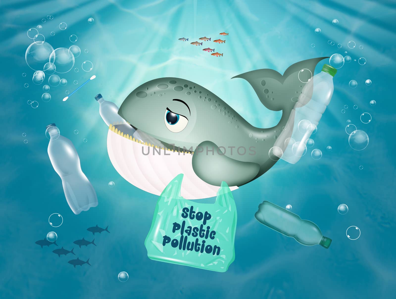 illustration of whale in danger because it eats plastic in the sea