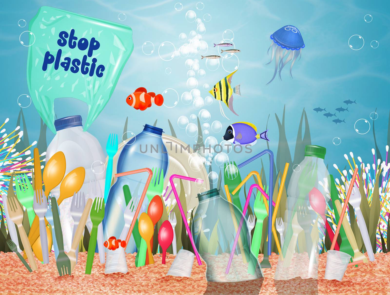 illustration of plastic waste warning in the sea