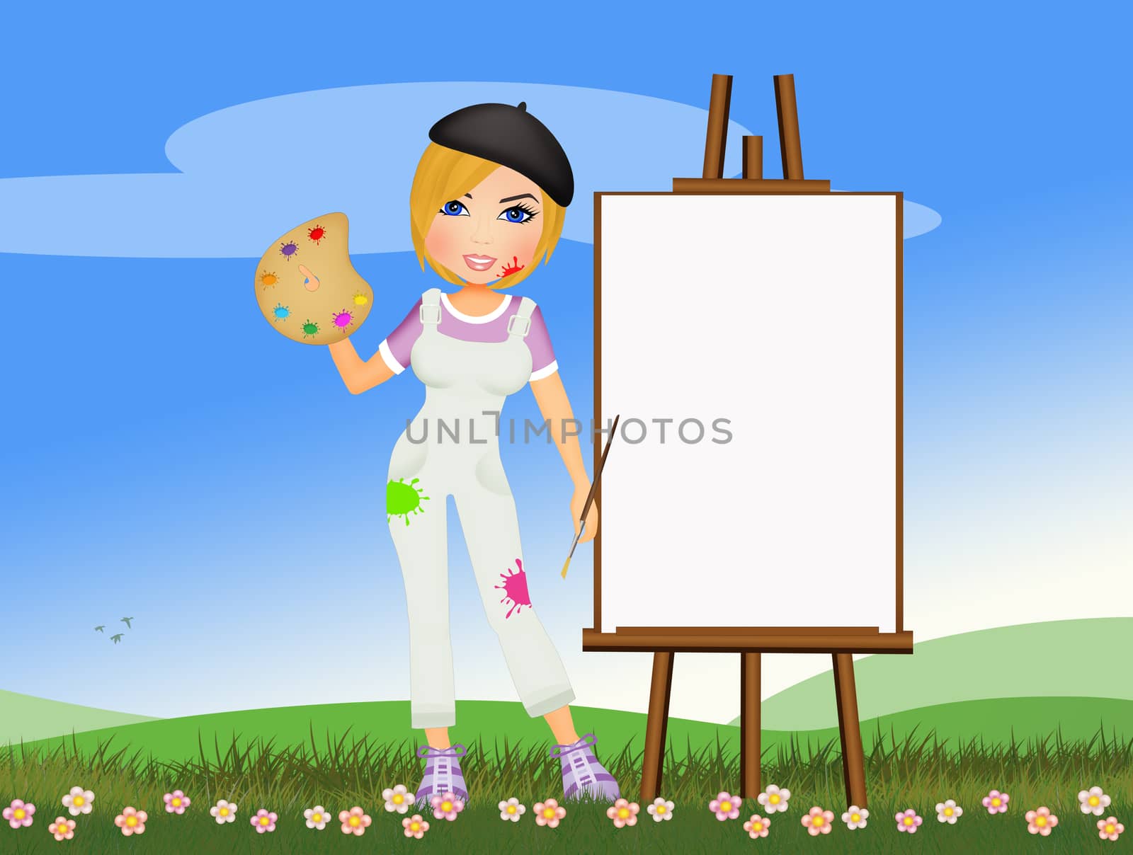illustration of woman paints the canvas