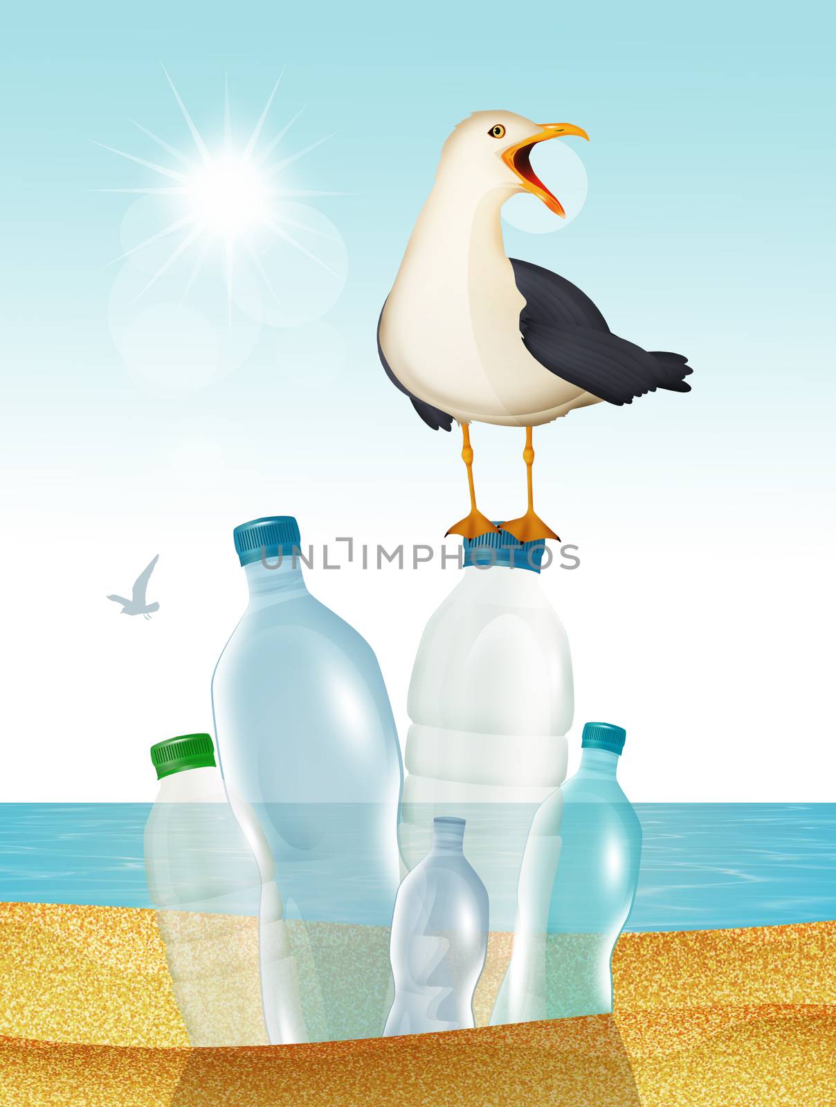 illustration of seagull on the beach with plastic waste