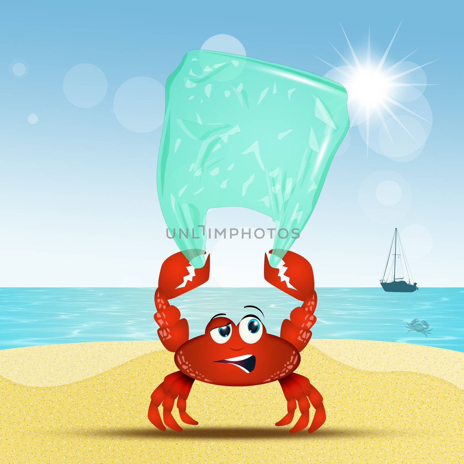 illustration of crab collects plastic on the beach