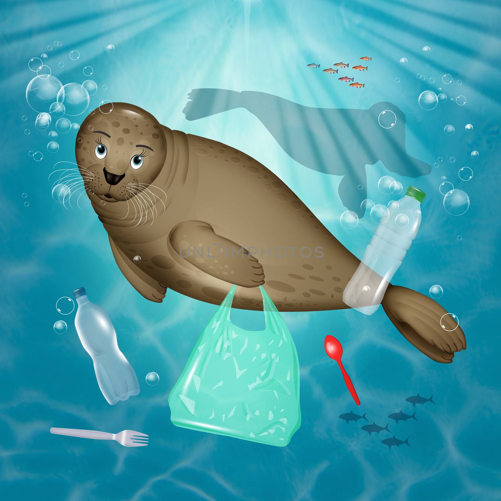 illustration of seal swims in the plastic in the ocean