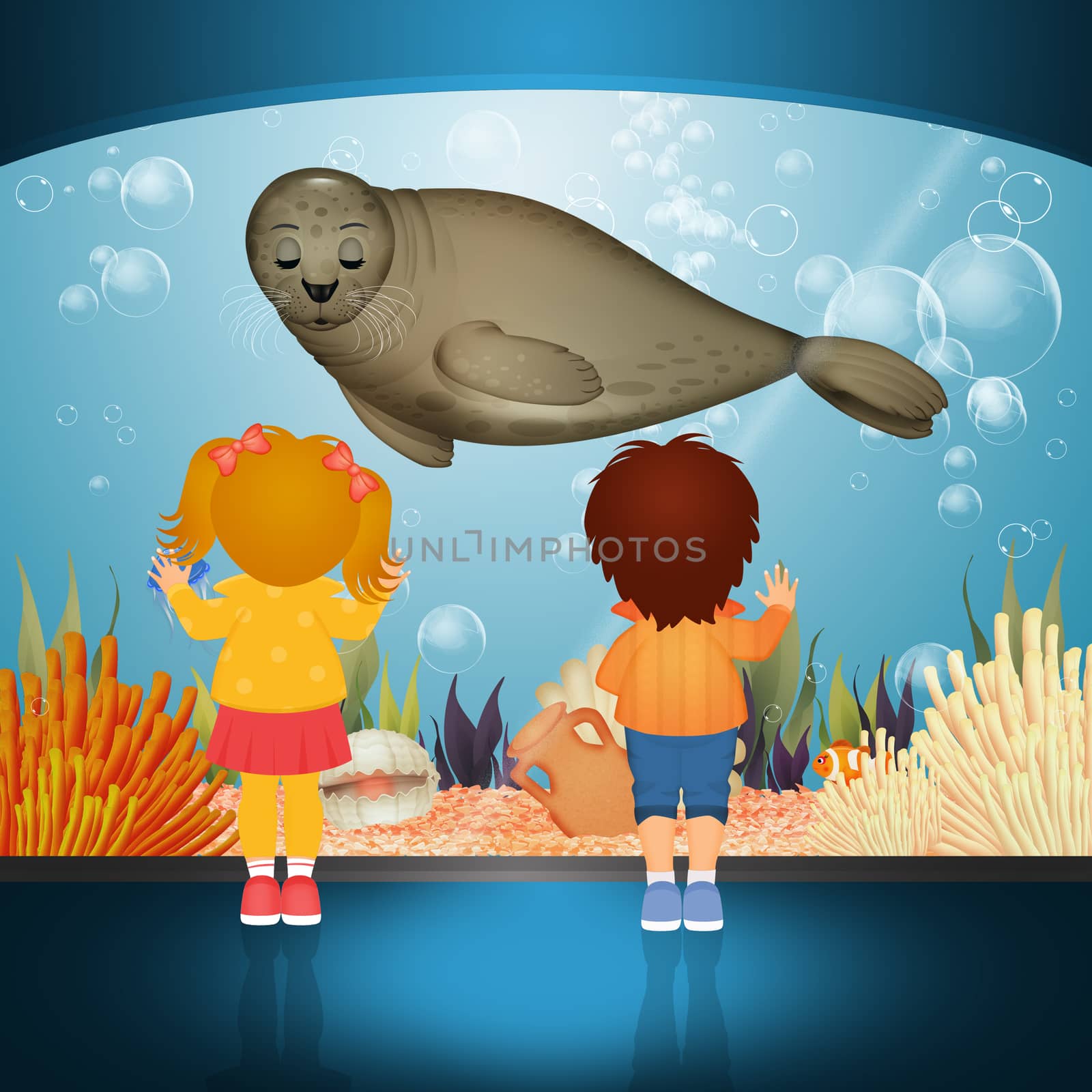 illustration of children looking seal in the aquarium
