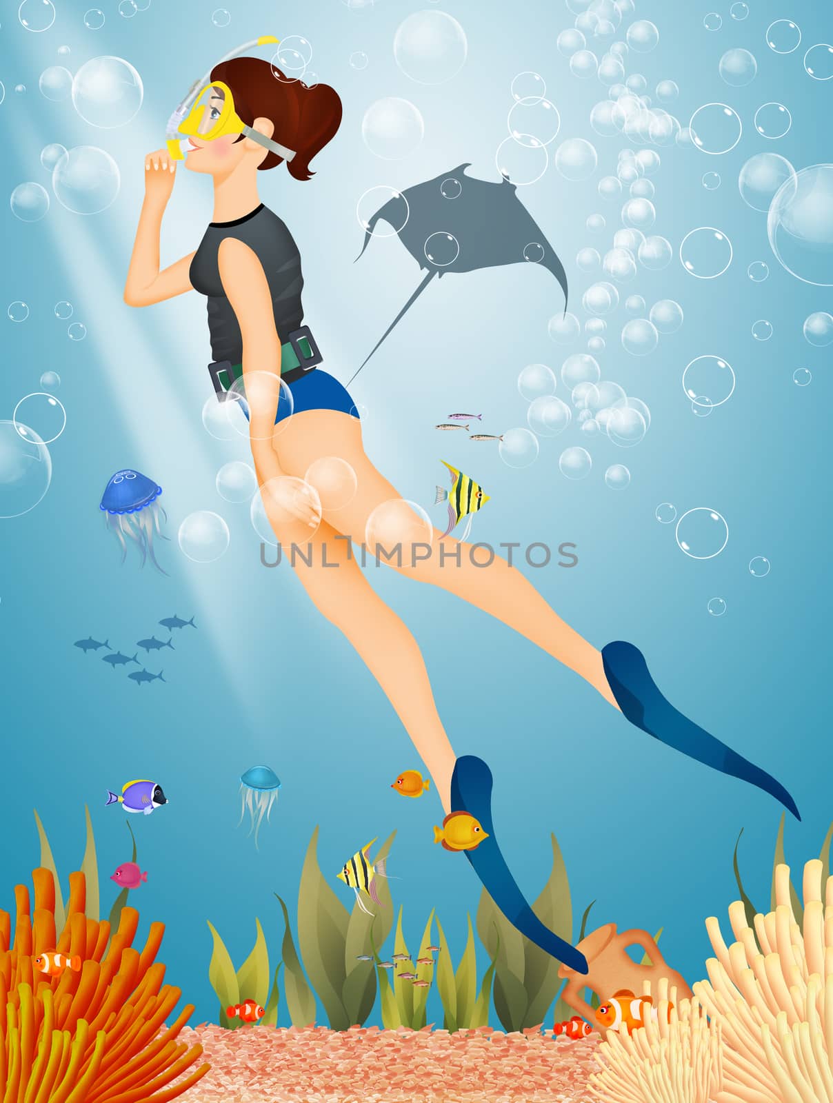 illustration of girl with mask and flippers