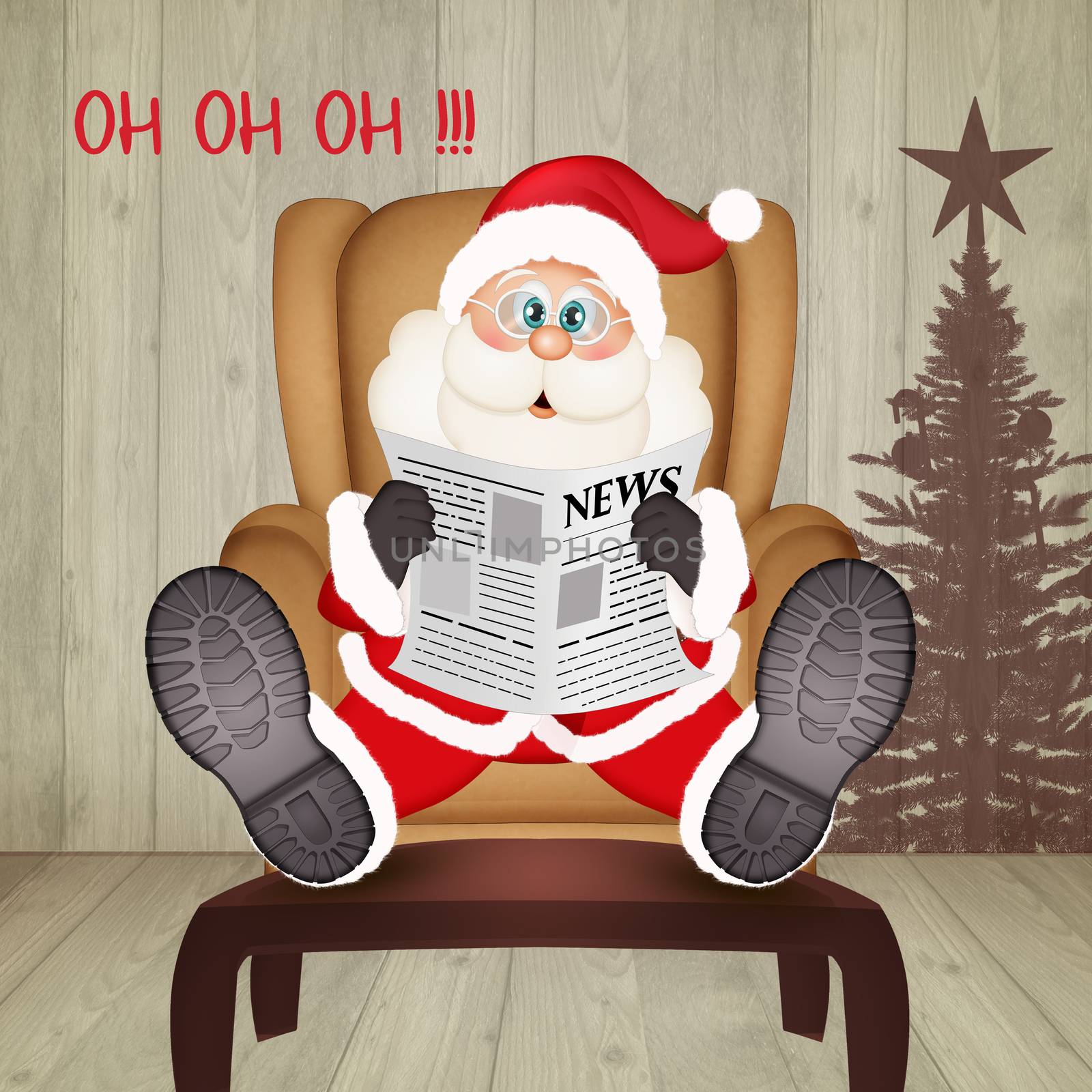 illustration of Santa Claus sitting in an armchair reads the latest news