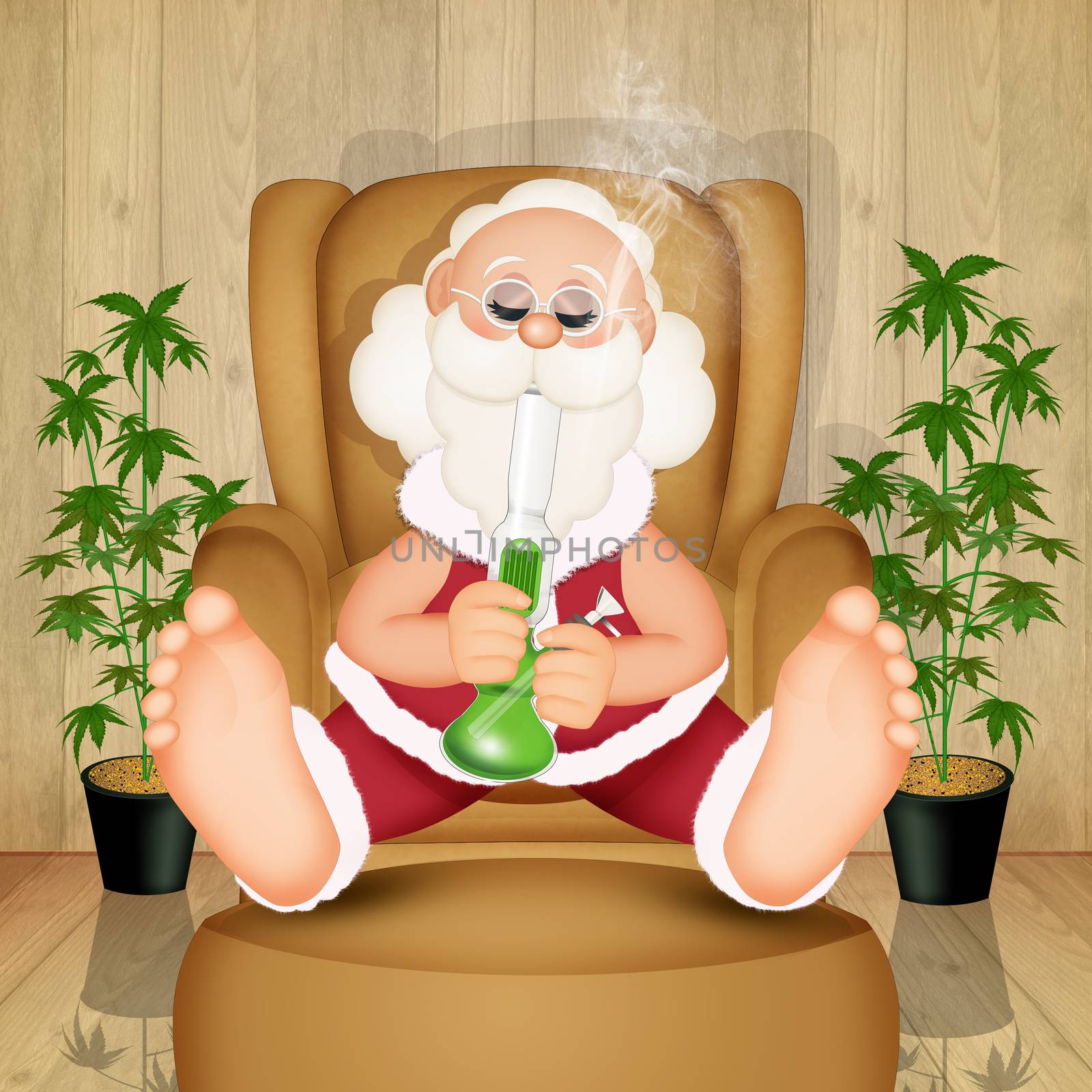 illustration of Santa Claus smokes the bong on the armchair