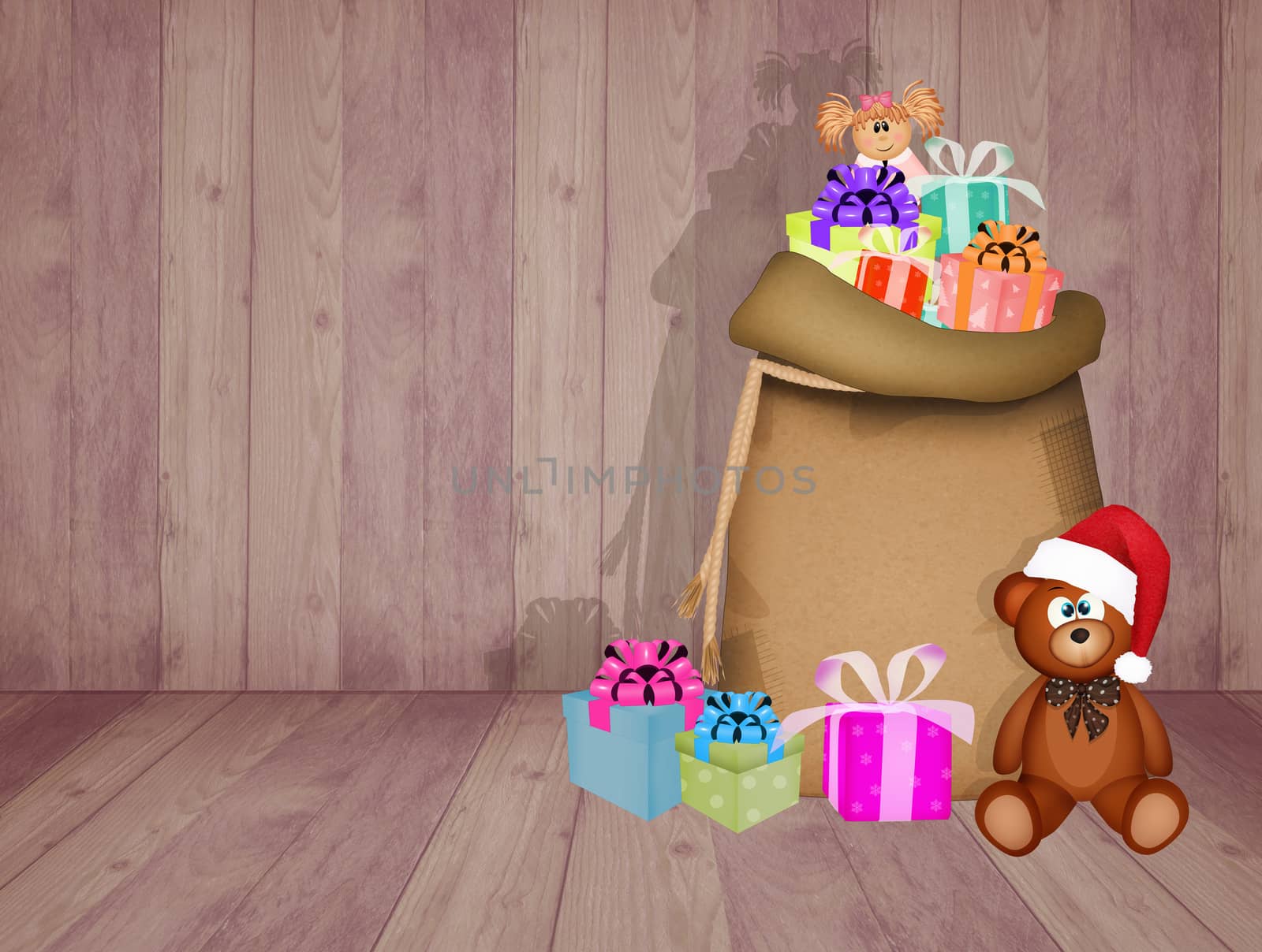 illustration of Christmas toys in the sack