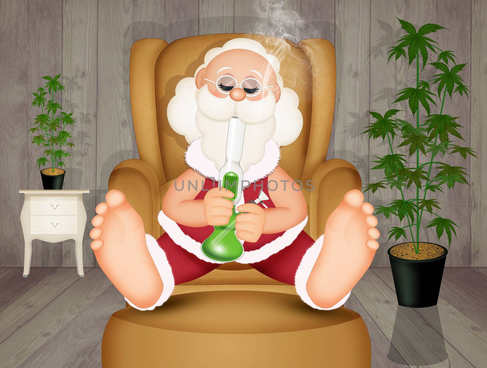 illustration of Santa Claus smokes the bong