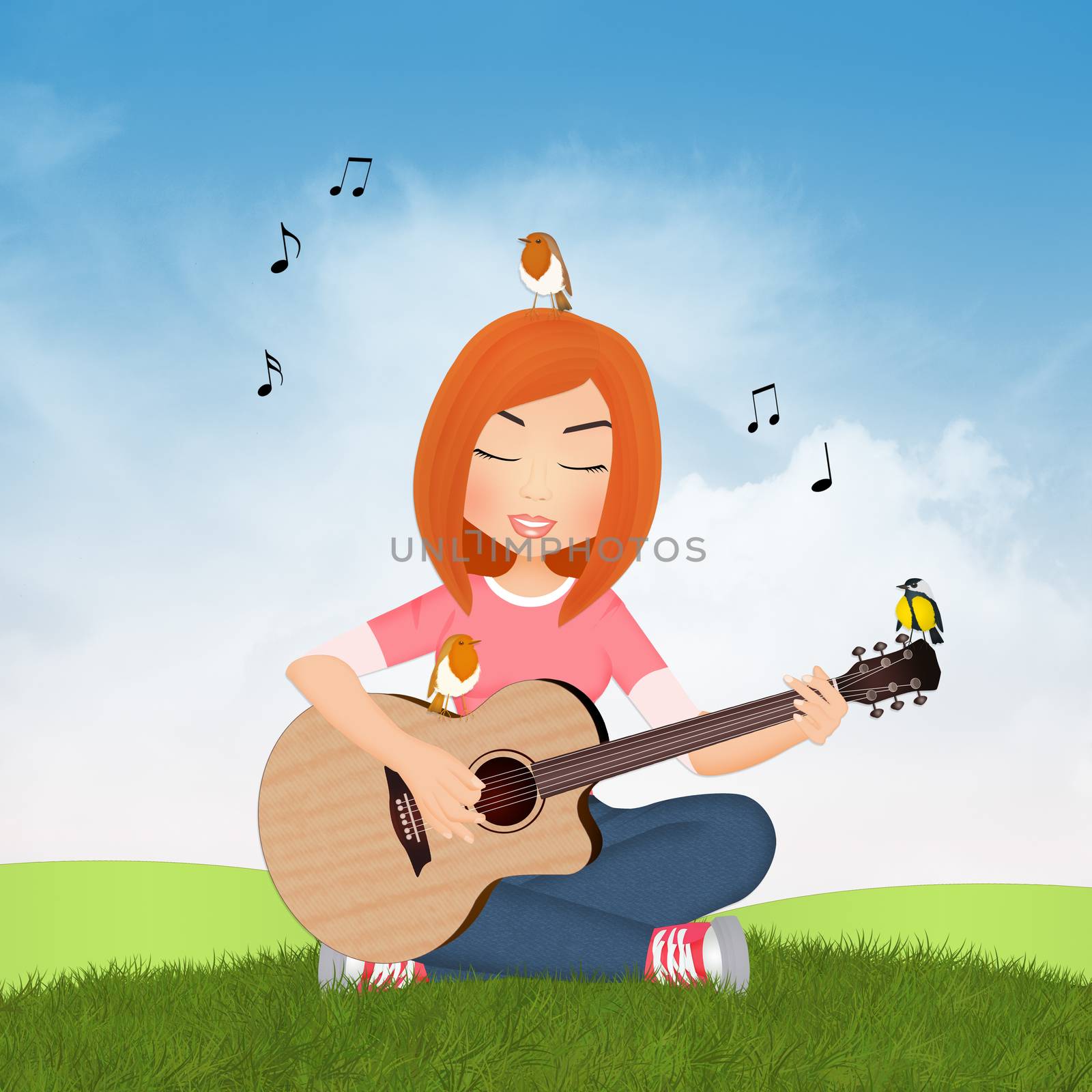 illustration of girl plays guitar along with little birds
