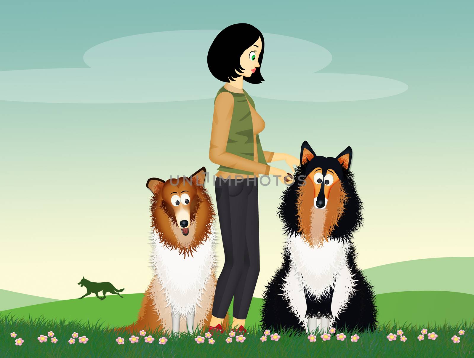 illustration of girl and Scottish shepherd