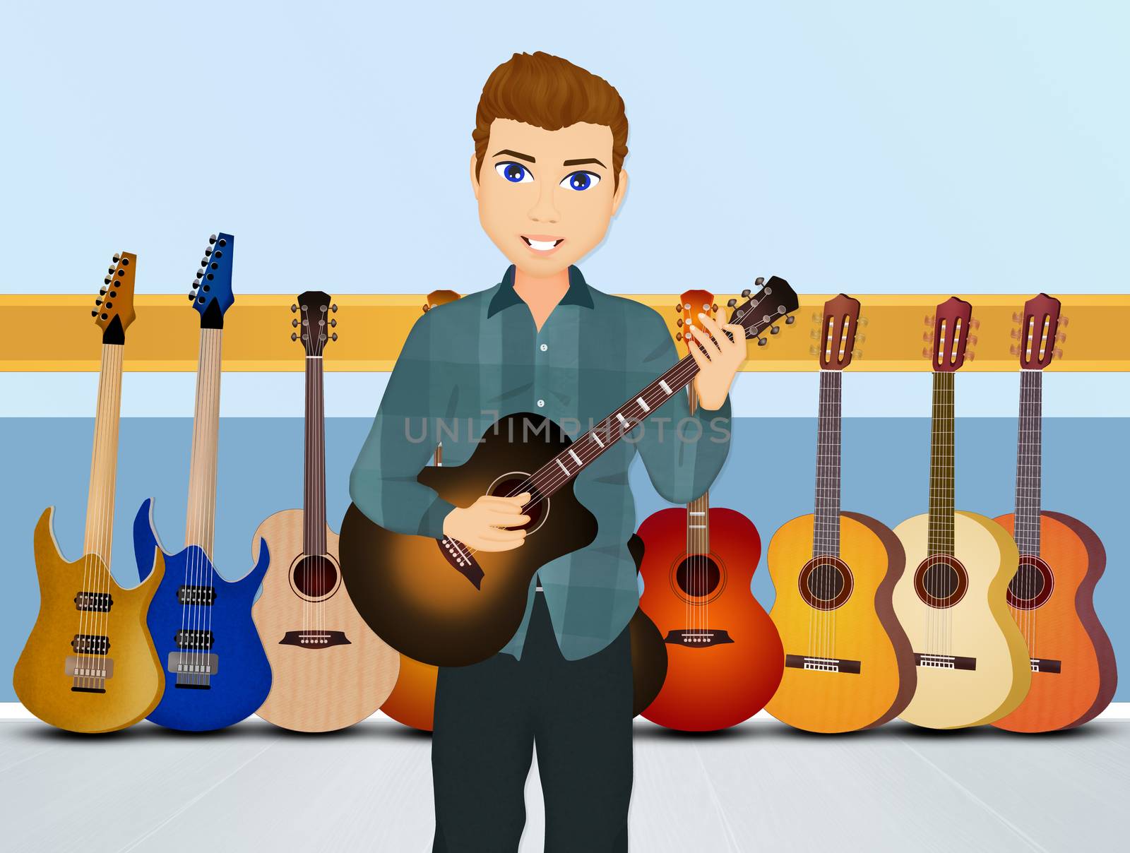 illustration of man in the guitars shop