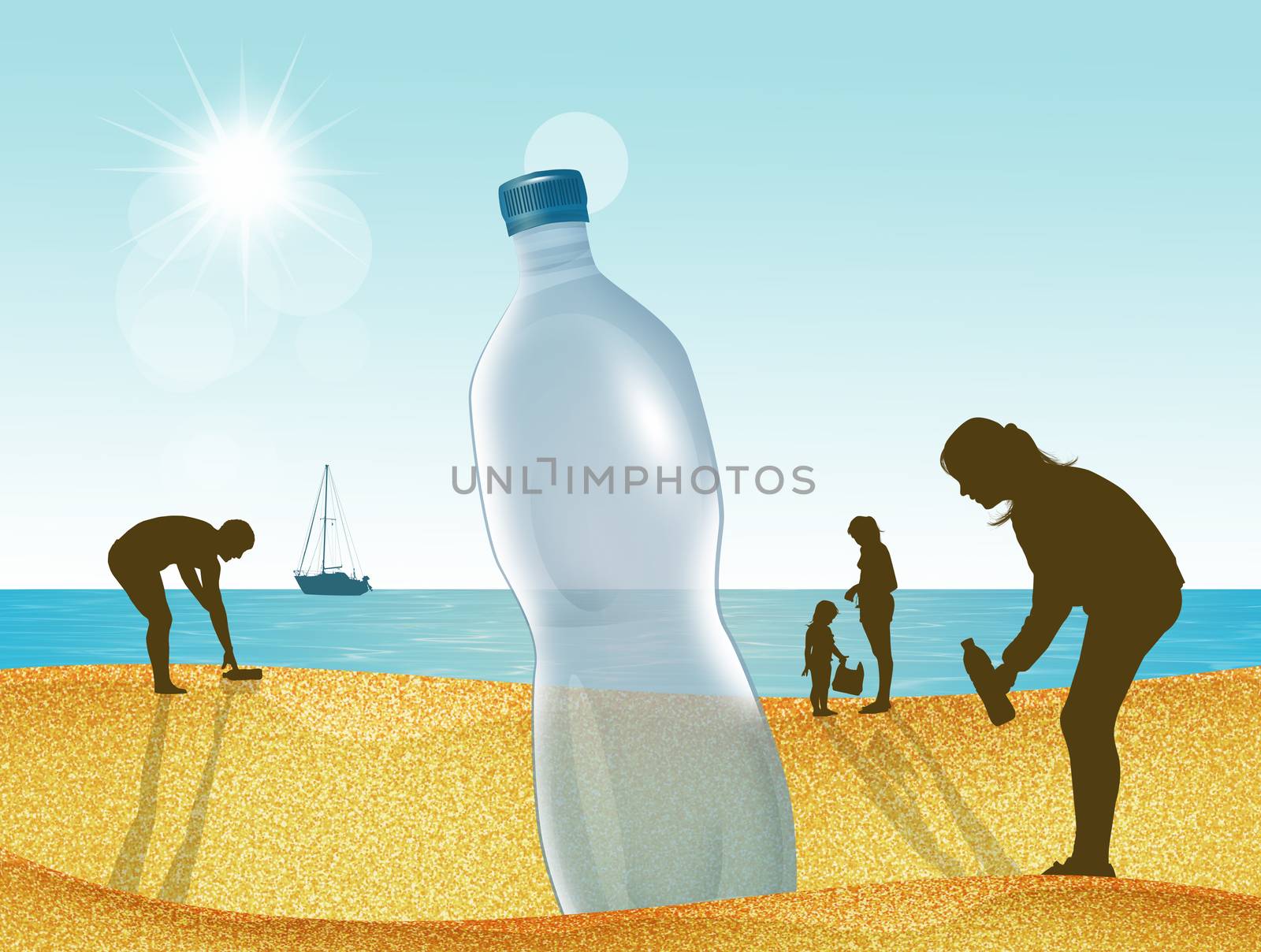 illustration of plastic bottle on the beach