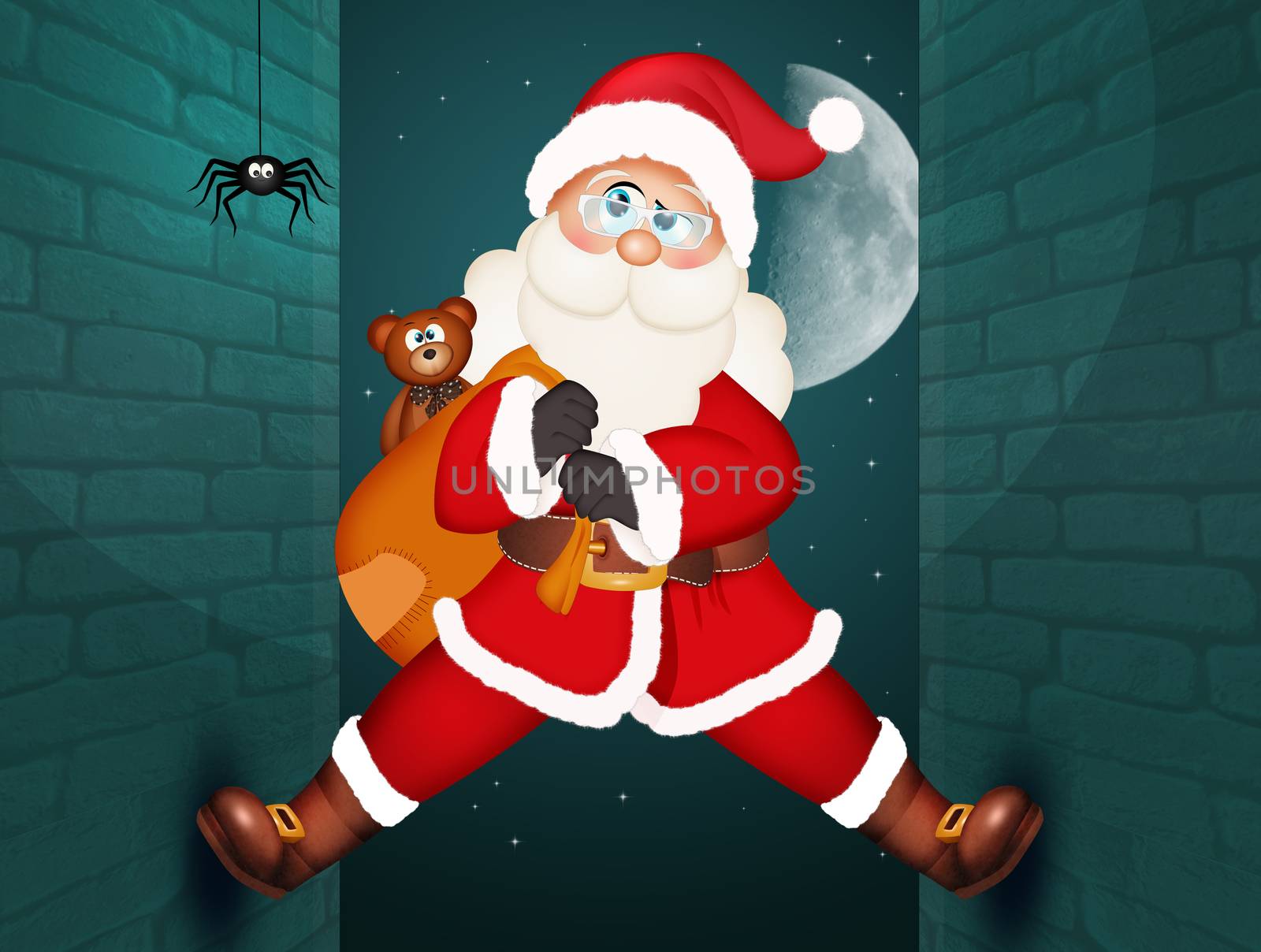 illustration of Santa Claus climbing on the homes wall