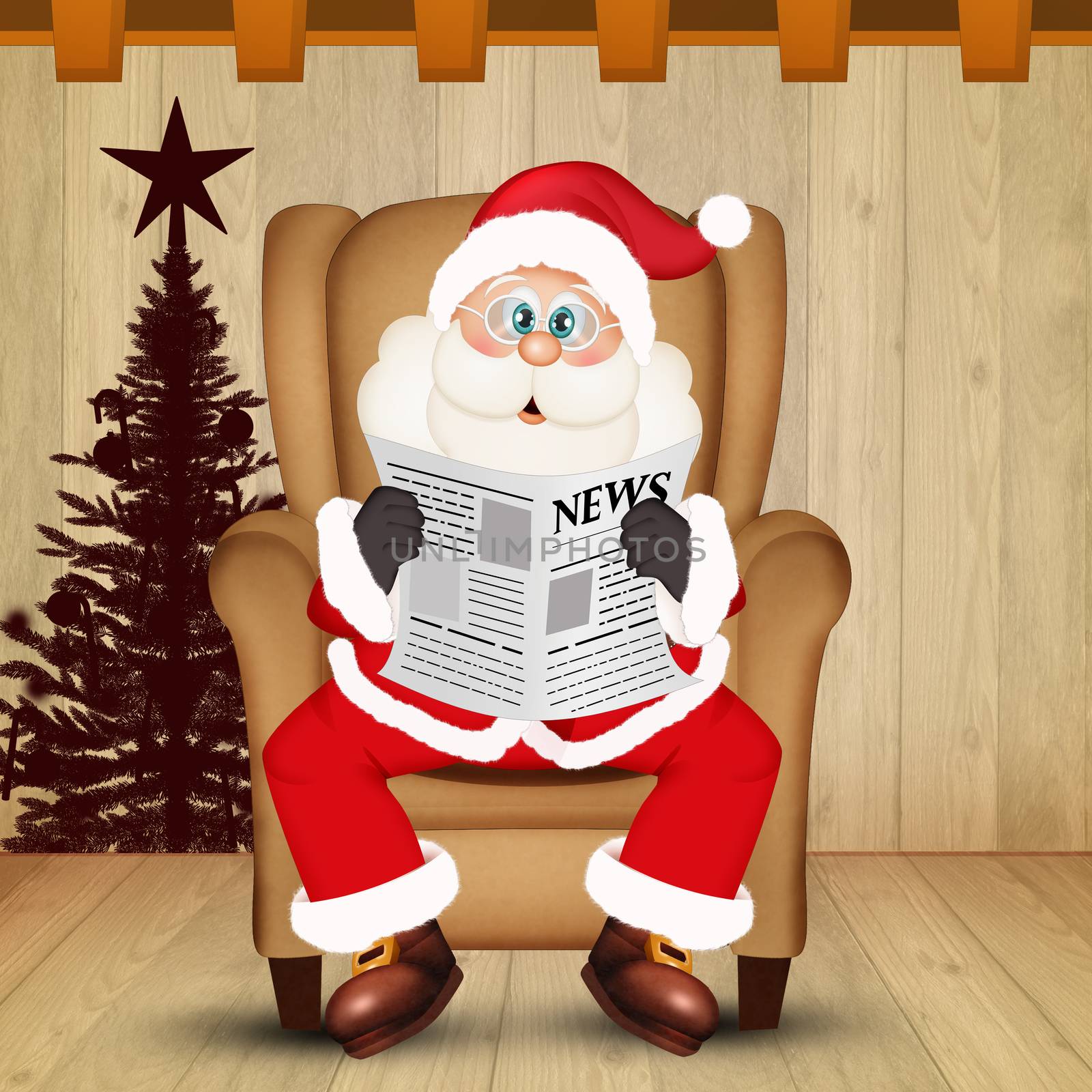 Santa Claus sitting in an armchair reads the newspaper by adrenalina