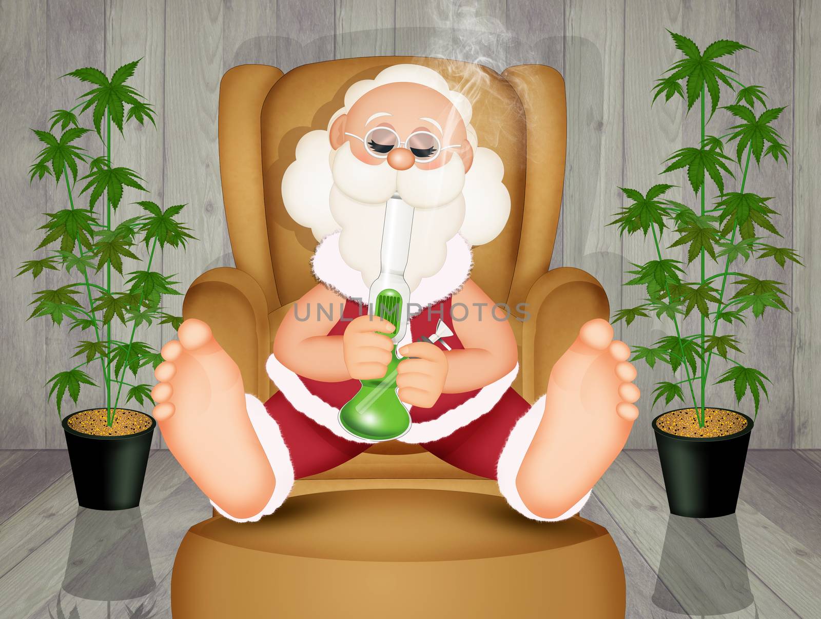 Santa Claus smokes the bong on the armchair by adrenalina