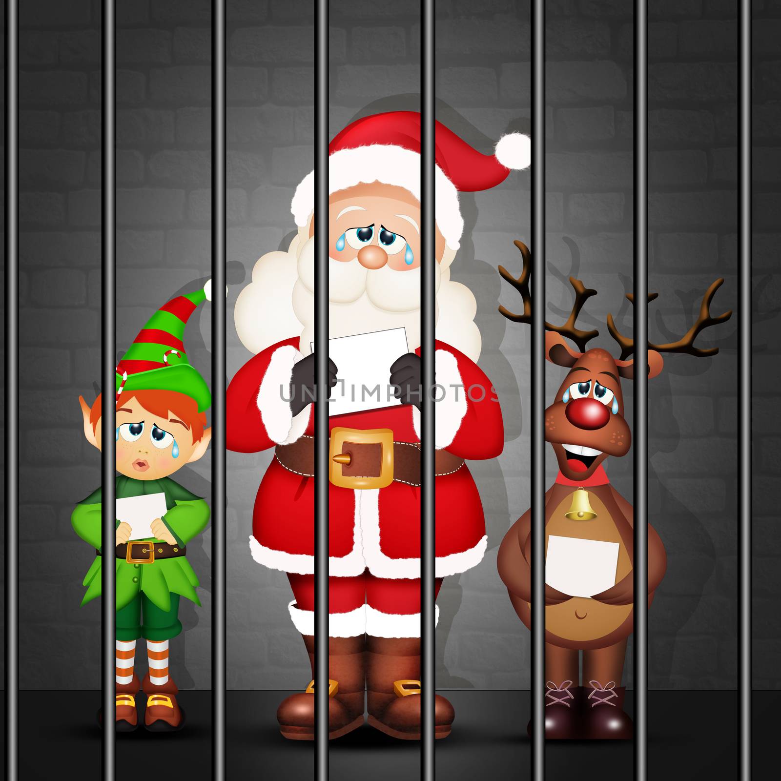 illustration of Santa Claus, Elf and reindeer in prison