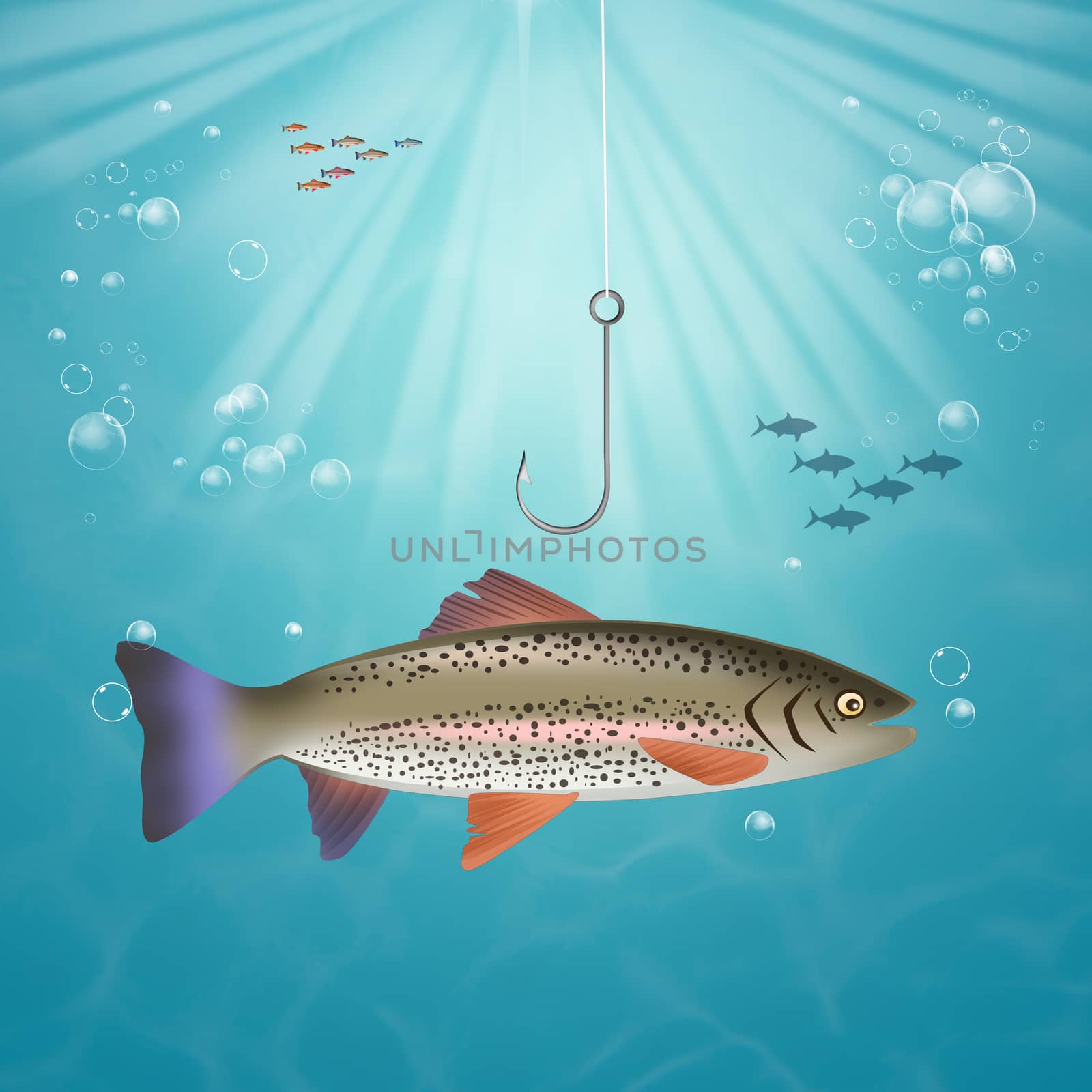 illustration of fish bites the hook in the sea
