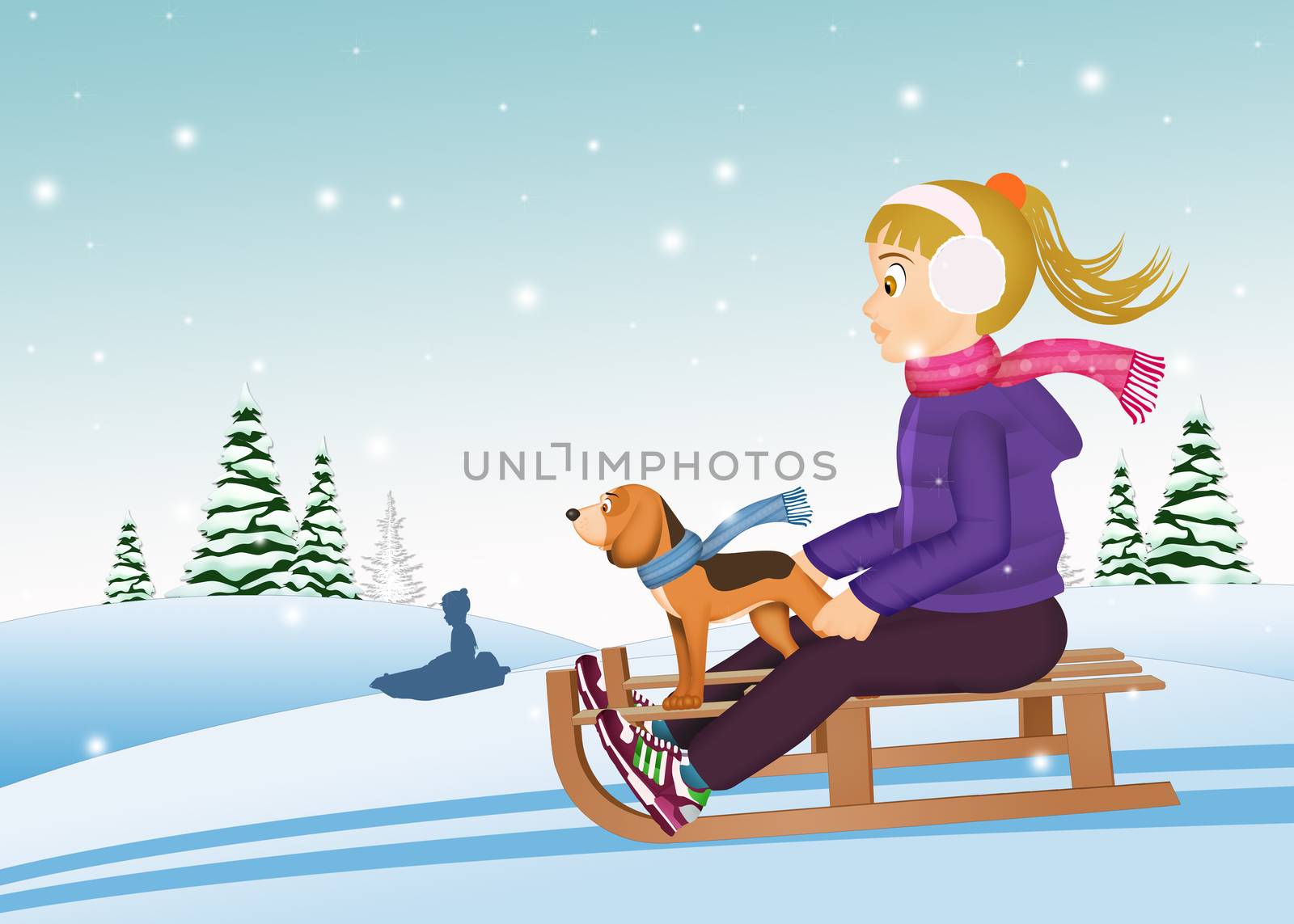 illustration of little girl on sleigh with puppy